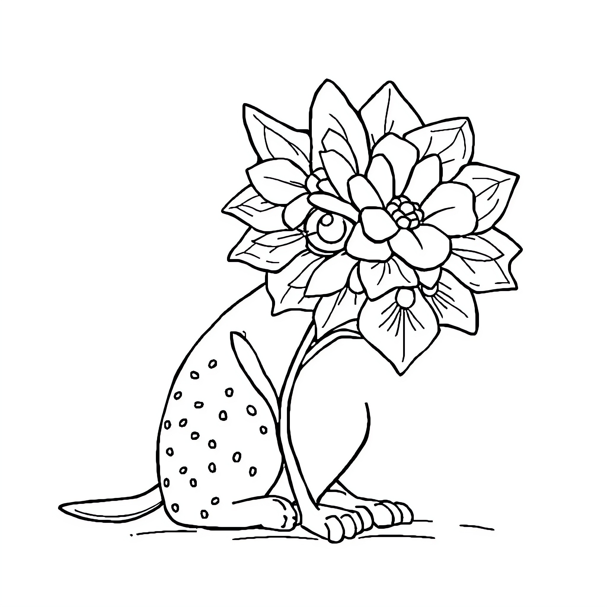 Digital Product Floral Design with Creature Coloring Page (free black-and-white line drawing printable PDF for all, from beginners to advanced learners, including children, teens, adults, and seniors)