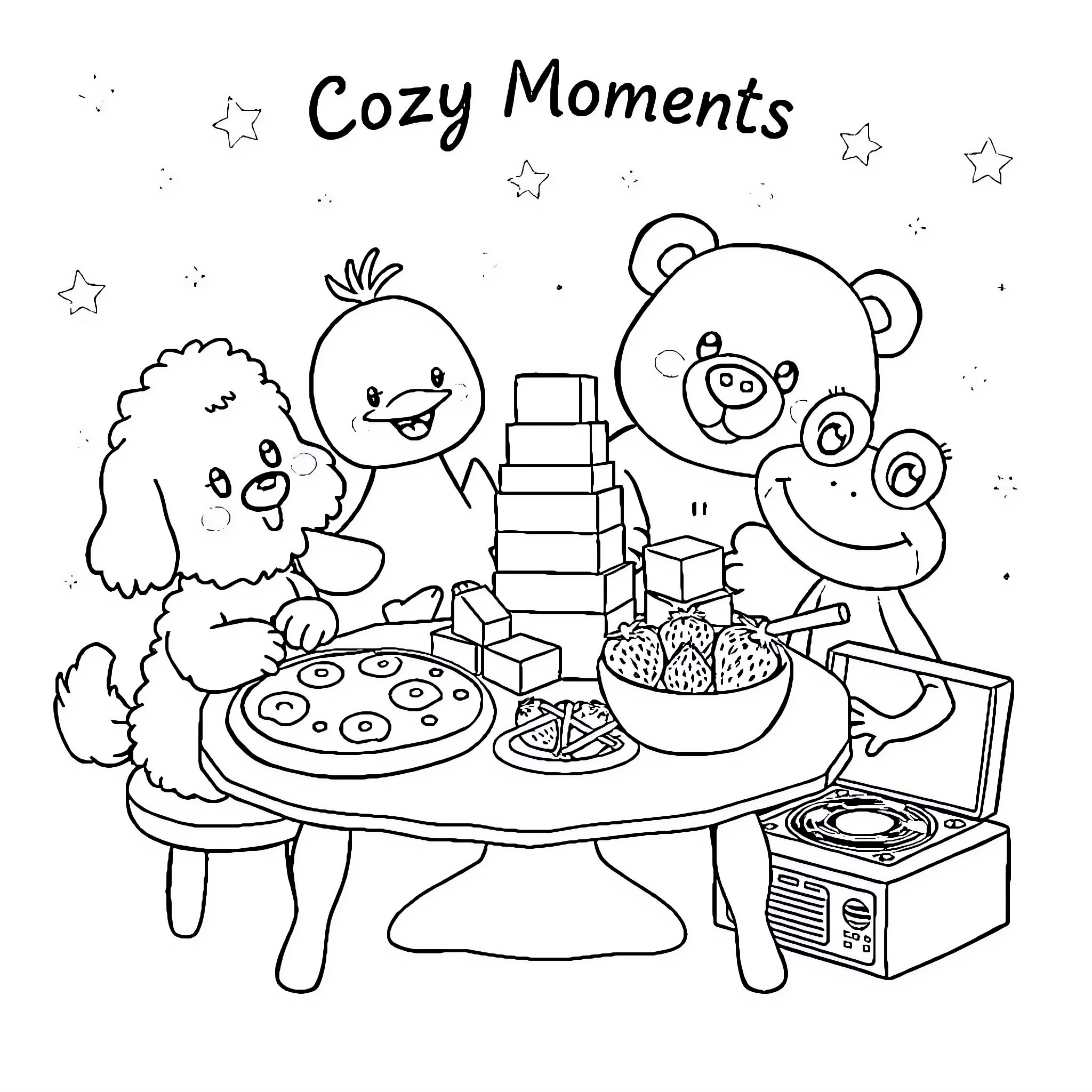 Dog friends enjoying cozy moments together Coloring Page (free black-and-white line drawing printable PDF for all, from beginners to advanced learners, including children, teens, adults, and seniors)