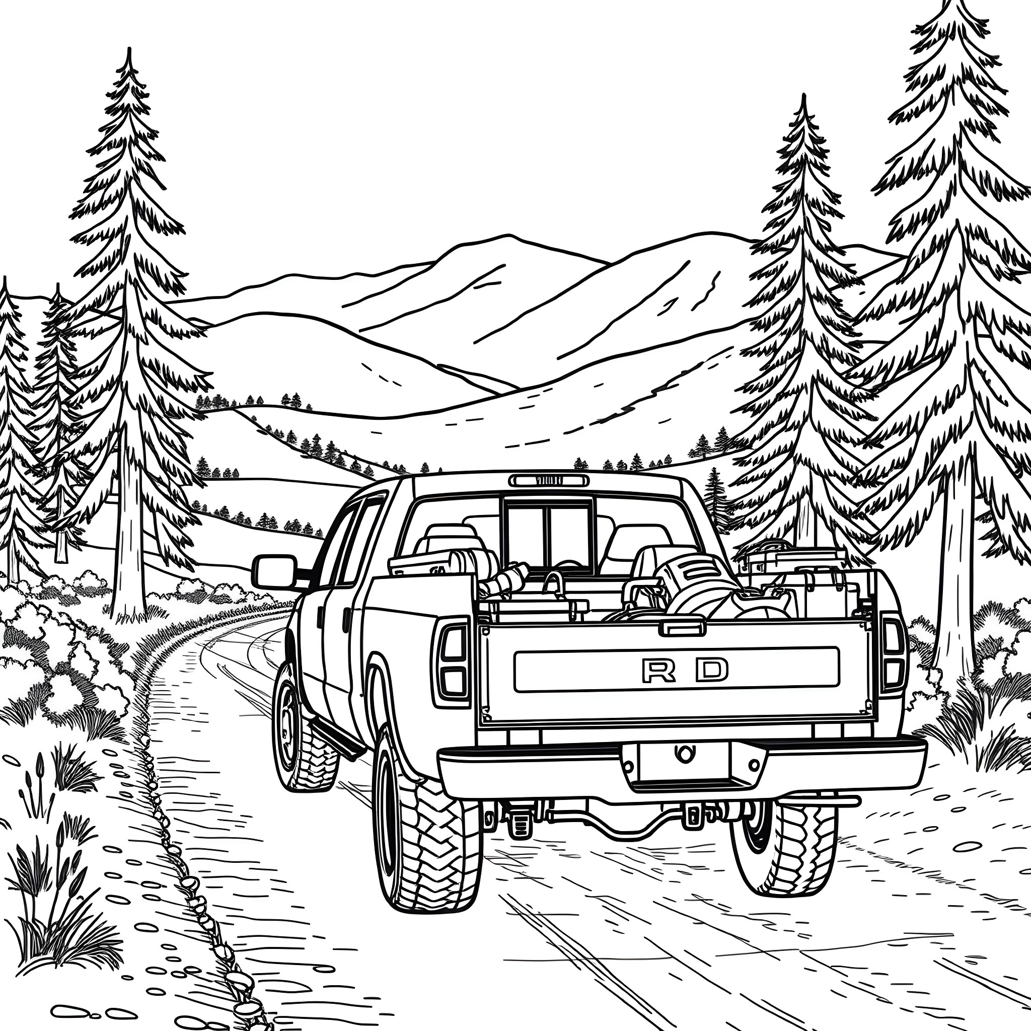 Pick Up Truck Traversing a Scenic Mountain Road Coloring Page (free black-and-white line drawing printable PDF for all, from beginners to advanced learners, including children, teens, adults, and seniors)