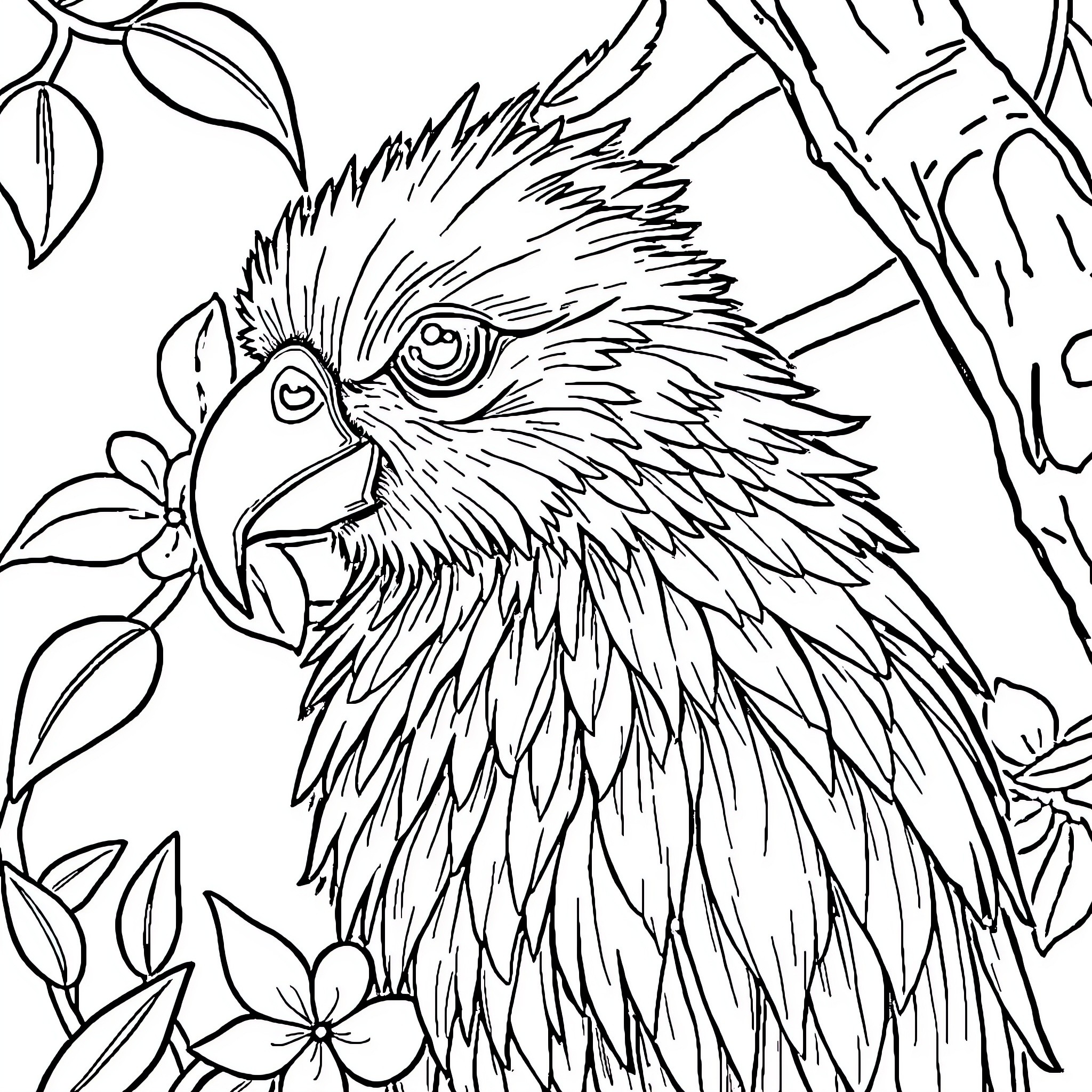 Animal perched on branches with leaves Coloring Page (free black-and-white line drawing printable PDF for all, from beginners to advanced learners, including children, teens, adults, and seniors)