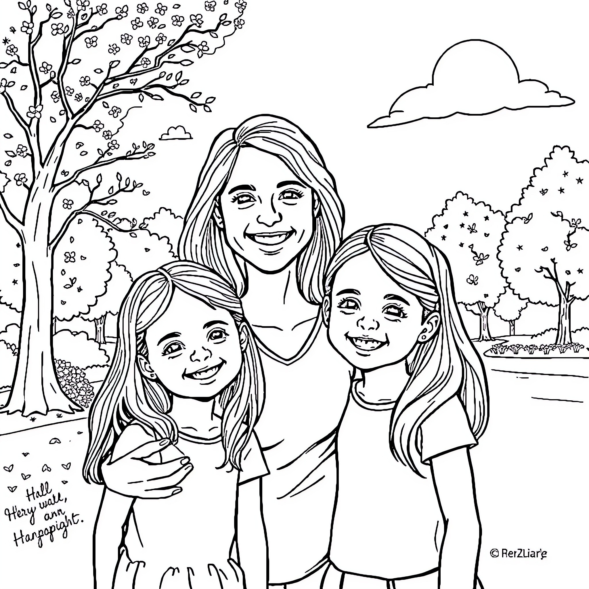 Girl with young friends enjoying nature Coloring Page (free black-and-white line drawing printable PDF for all, from beginners to advanced learners, including children, teens, adults, and seniors)