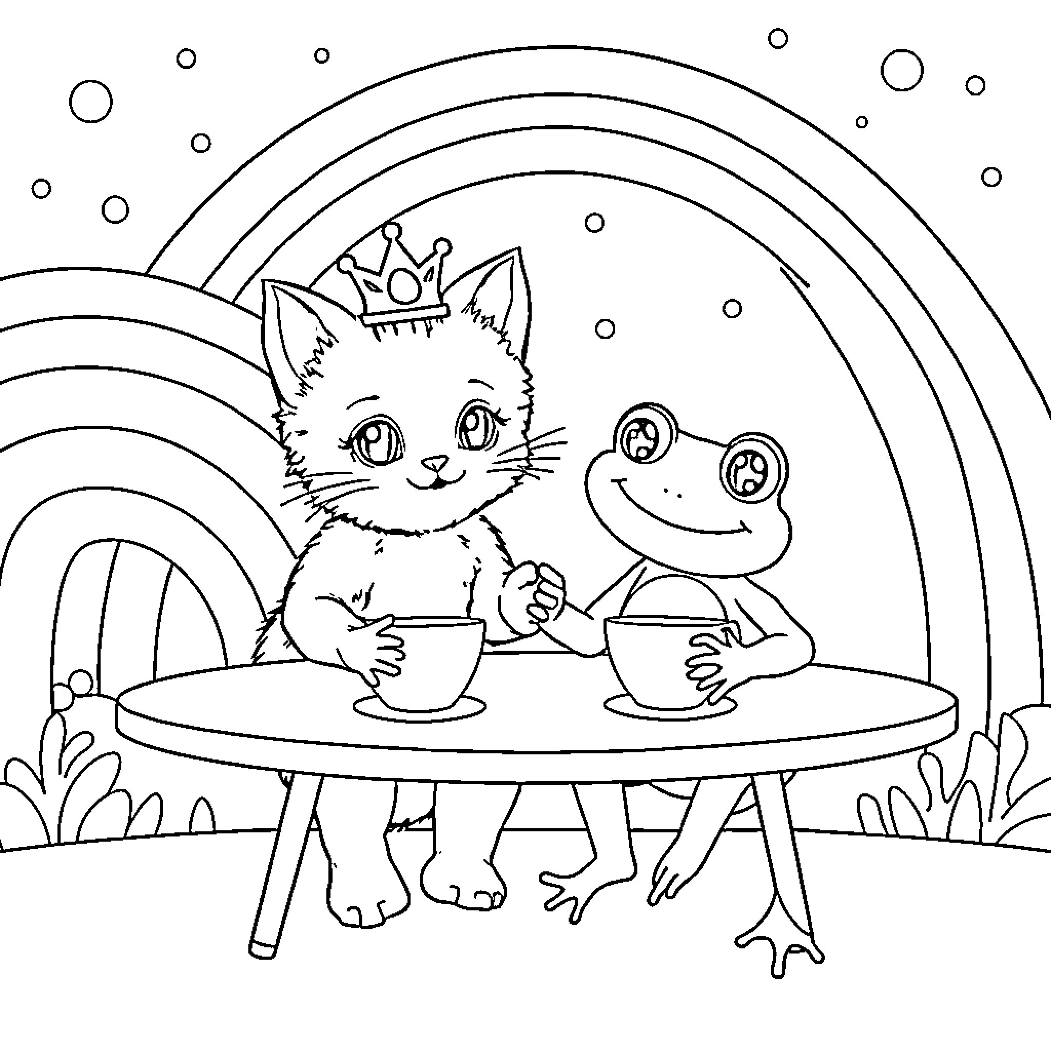 Kitten and Frog Friends Having Tea Coloring Page (free black-and-white line drawing printable PDF for all, from beginners to advanced learners, including children, teens, adults, and seniors)