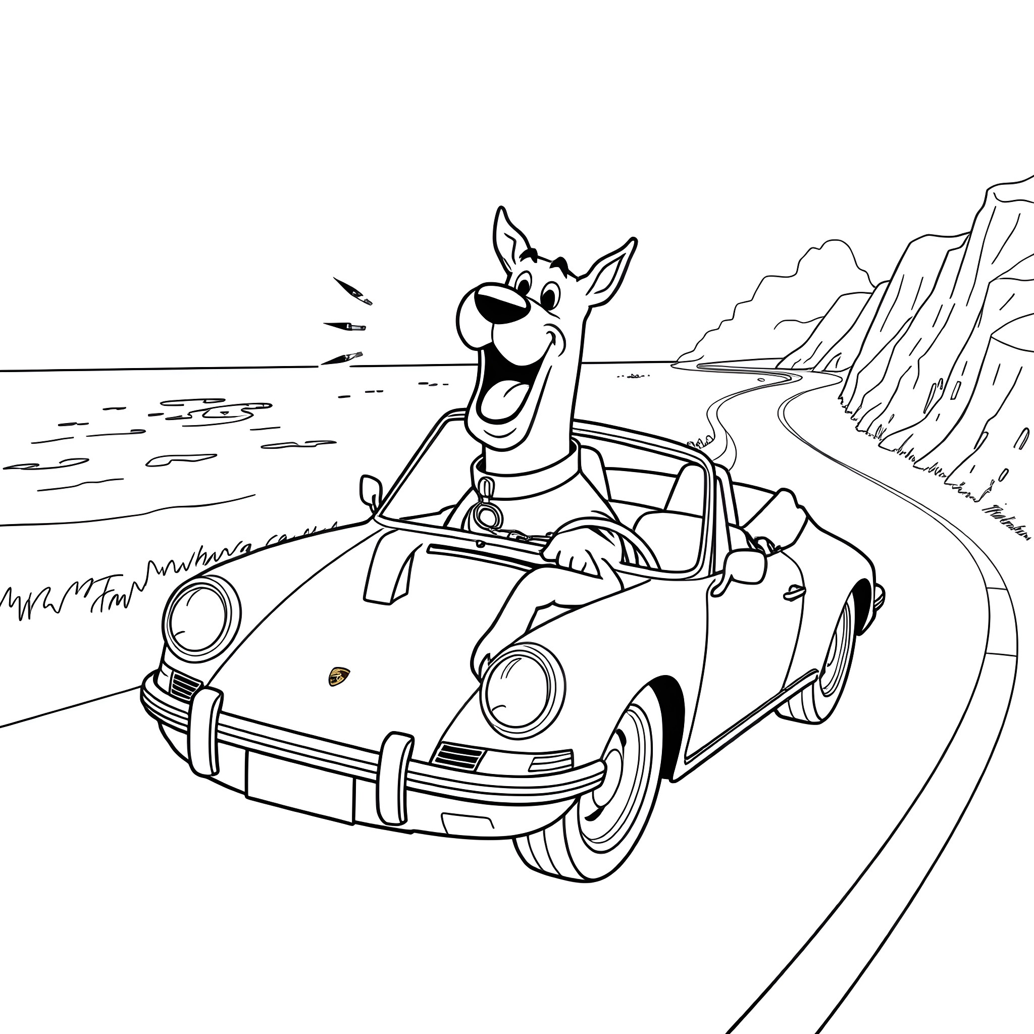 Scooby Doo driving a vintage car on the road Coloring Page (free black-and-white line drawing printable PDF for all, from beginners to advanced learners, including children, teens, adults, and seniors)