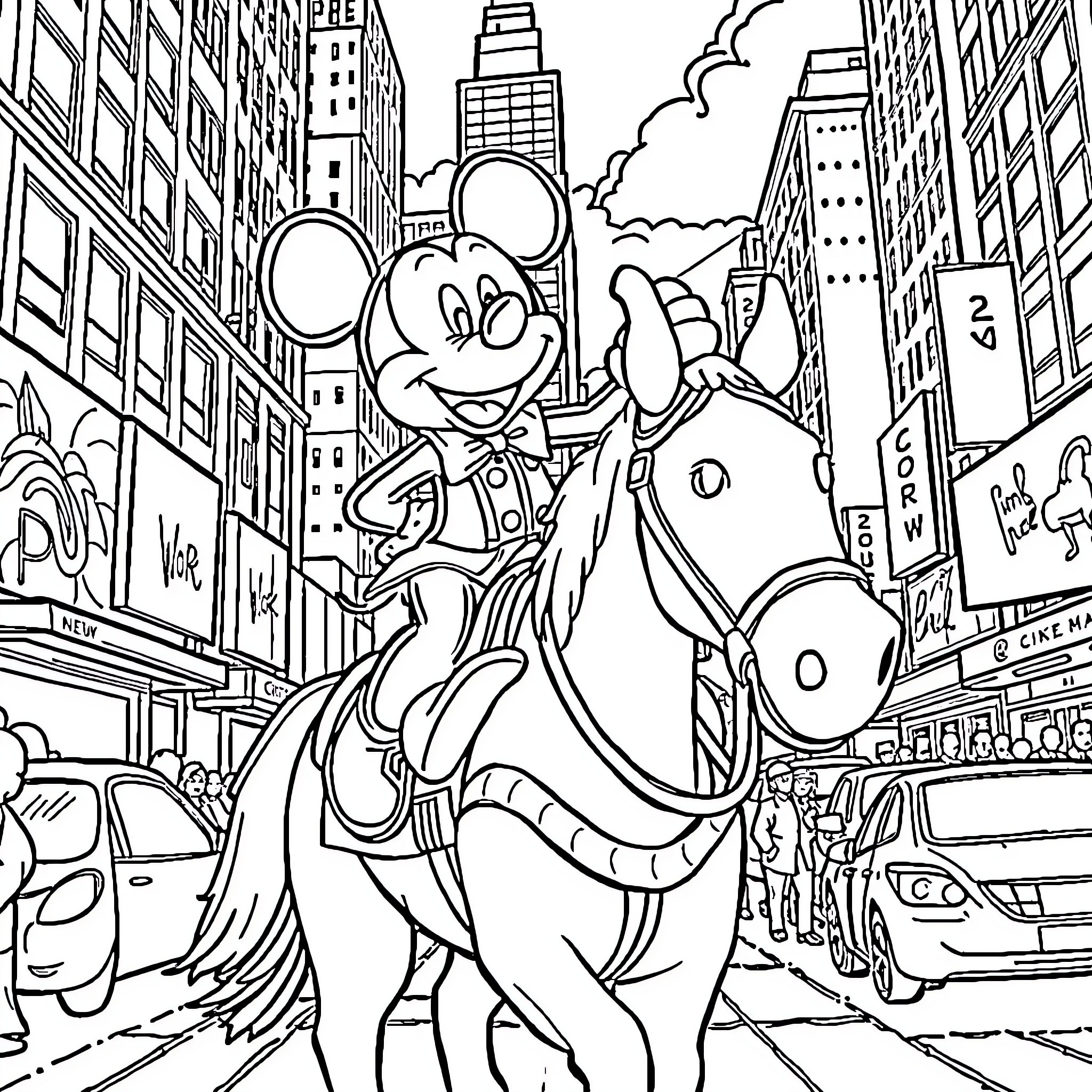 Mickey Mouse Riding a Horse in Vibrant City Coloring Page (free black-and-white line drawing printable PDF for all, from beginners to advanced learners, including children, teens, adults, and seniors)