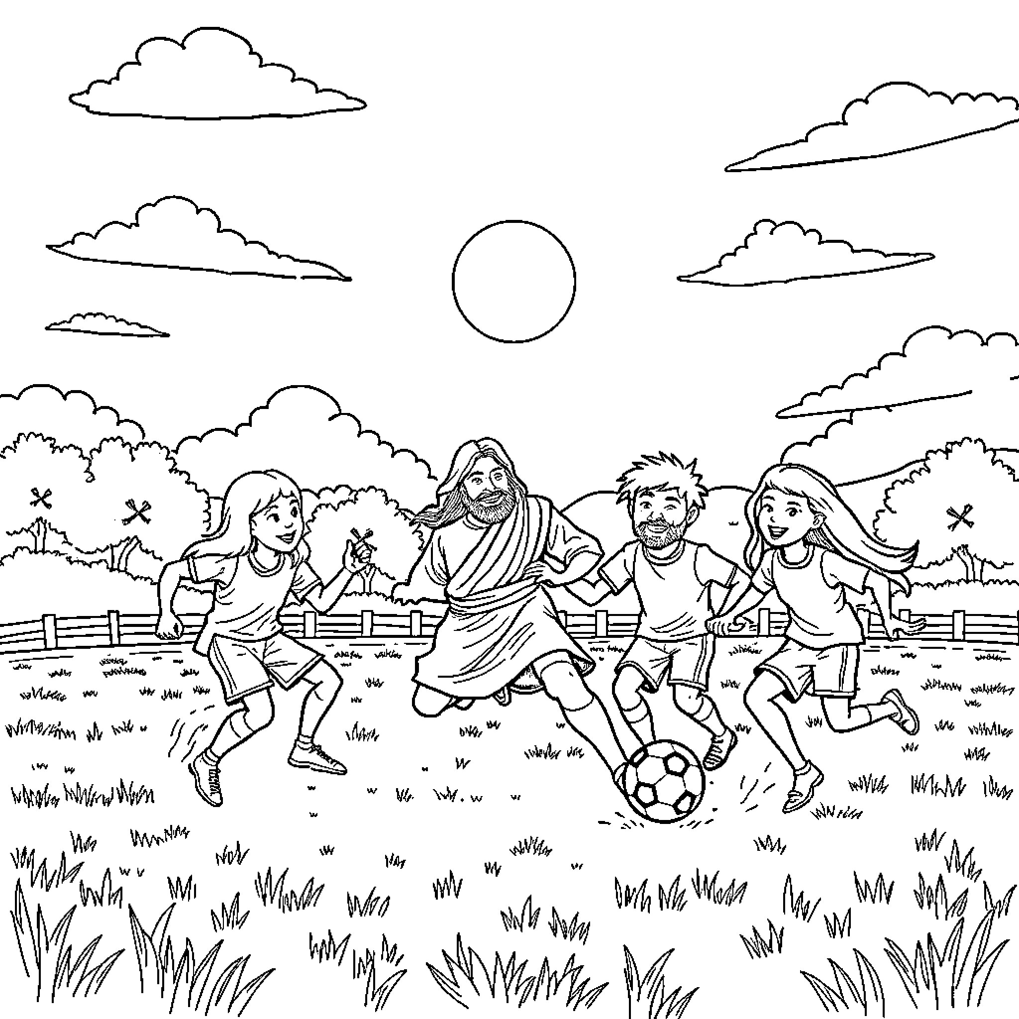 Jesus playing soccer with children in a field Coloring Page (free black-and-white line drawing printable PDF for all, from beginners to advanced learners, including children, teens, adults, and seniors)