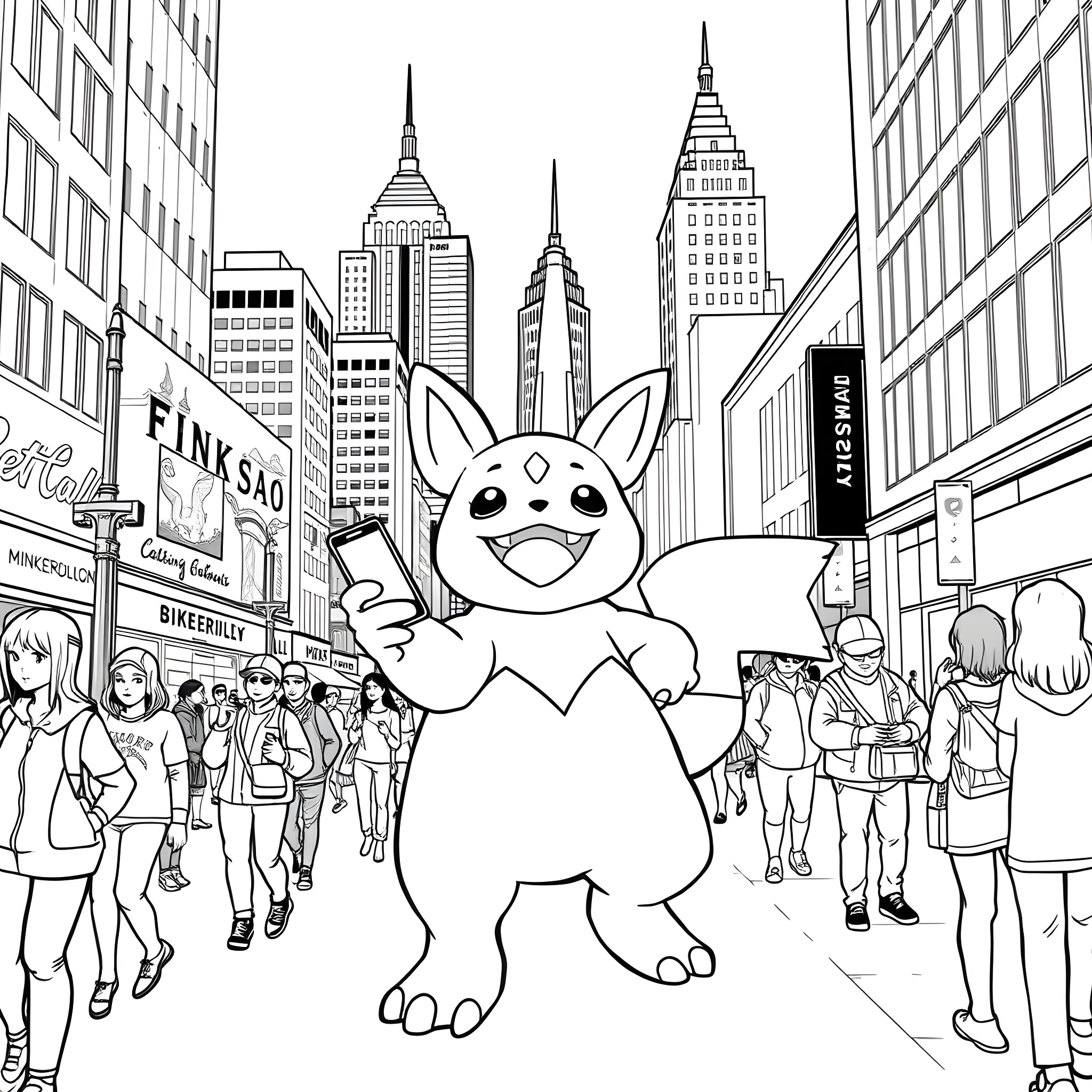Drowzee exploring the bustling city streets Coloring Page (free black-and-white line drawing printable PDF for all, from beginners to advanced learners, including children, teens, adults, and seniors)
