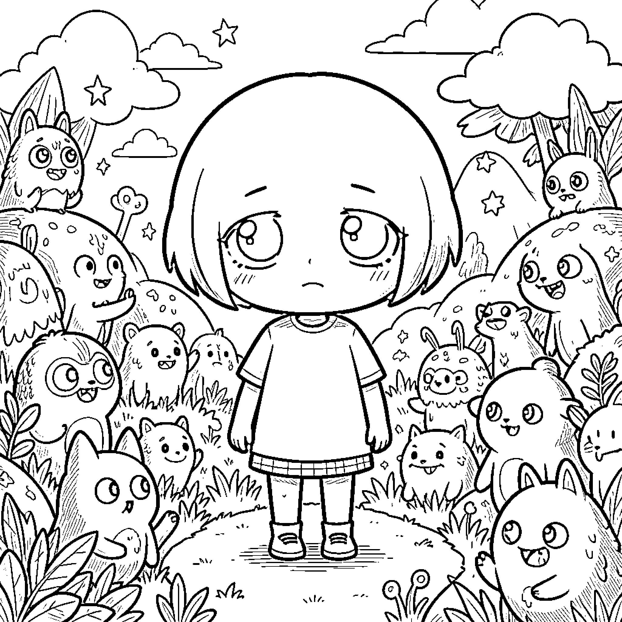 Omori amongst whimsical creatures in a fantastical scene Coloring Page (free black-and-white line drawing printable PDF for all, from beginners to advanced learners, including children, teens, adults, and seniors)