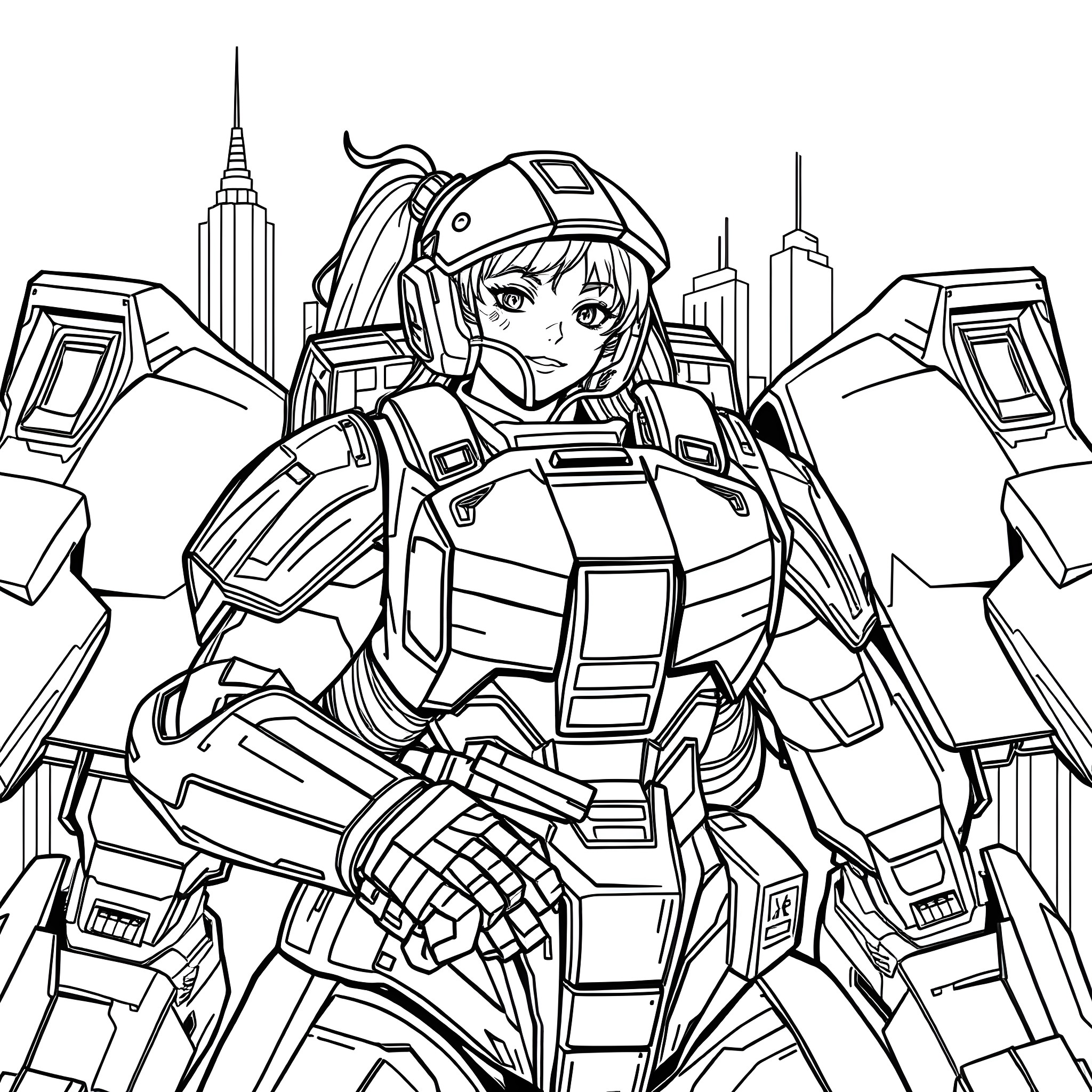 D.va in Mech Suit Heroically Posing Coloring Page (free black-and-white line drawing printable PDF for all, from beginners to advanced learners, including children, teens, adults, and seniors)