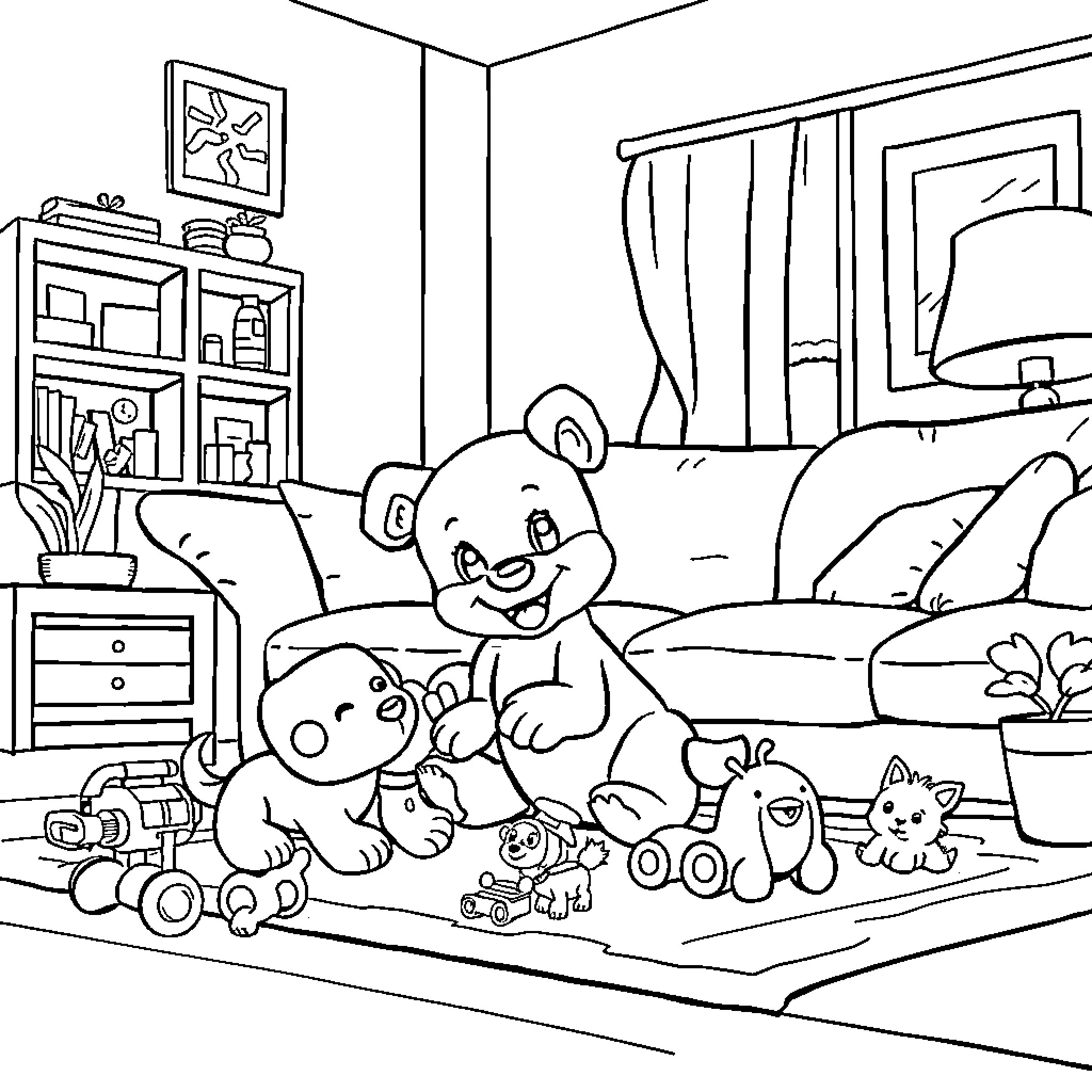 Bluey's Cozy Home Playtime Coloring Page (free black-and-white line drawing printable PDF for all, from beginners to advanced learners, including children, teens, adults, and seniors)