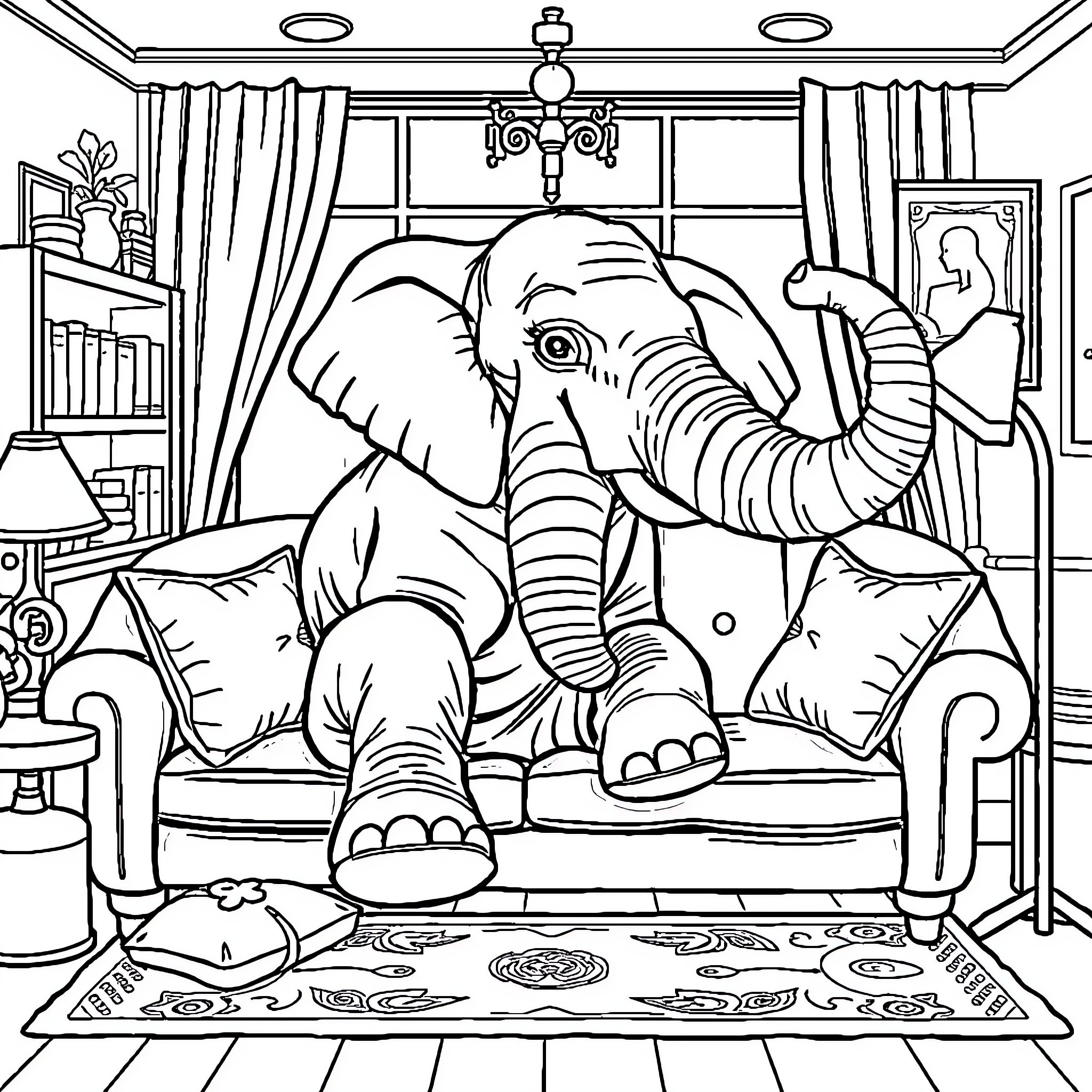 Elephant sitting comfortably in a living room Coloring Page (free black-and-white line drawing printable PDF for all, from beginners to advanced learners, including children, teens, adults, and seniors)