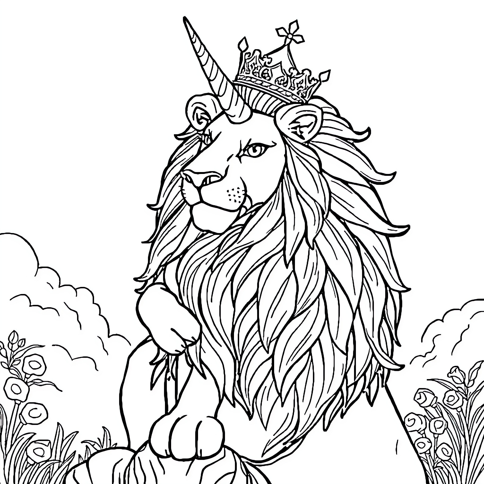 Unicorn-like Lion in Enchanted Floral Garden Coloring Page (free black-and-white line drawing printable PDF for all, from beginners to advanced learners, including children, teens, adults, and seniors)