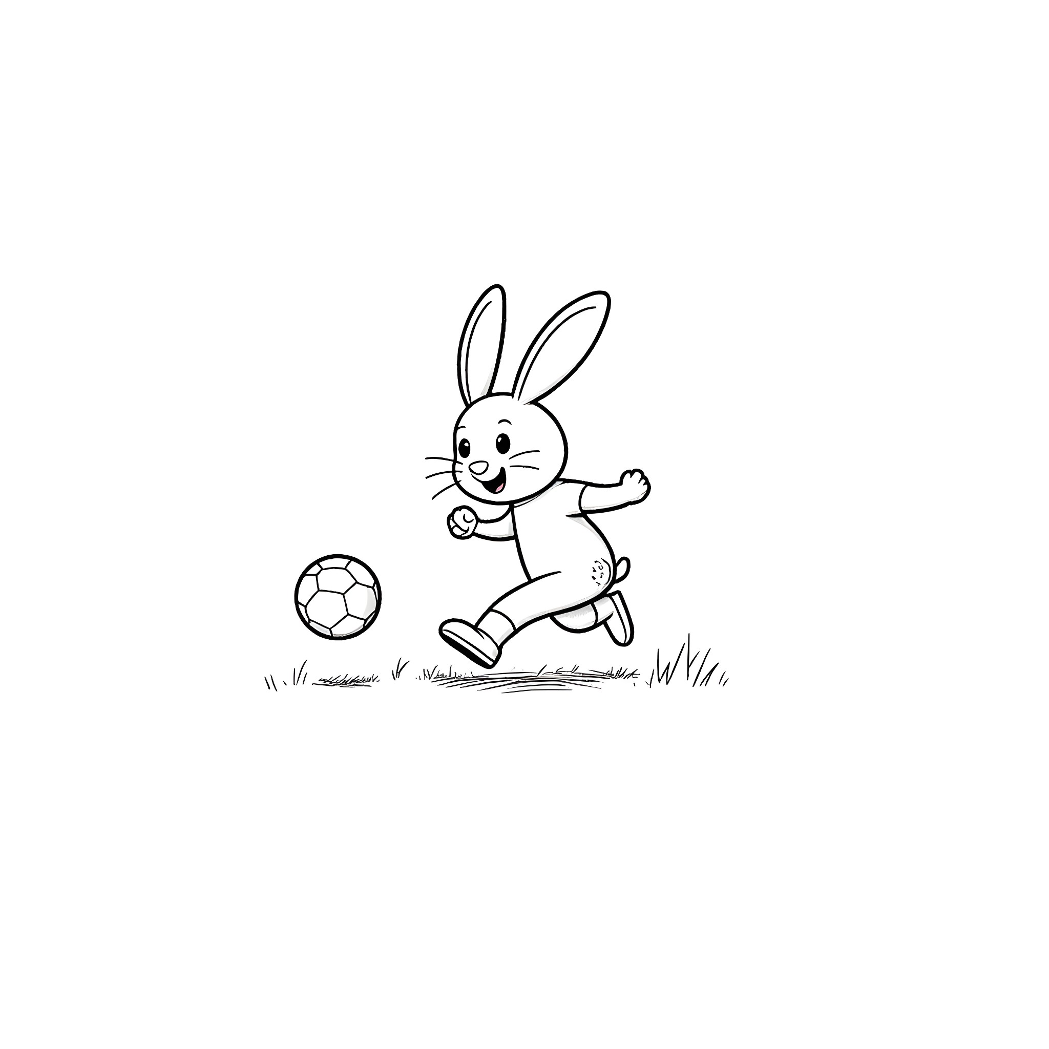 Rabbit chasing soccer ball on grassy field Coloring Page (free black-and-white line drawing printable PDF for all, from beginners to advanced learners, including children, teens, adults, and seniors)