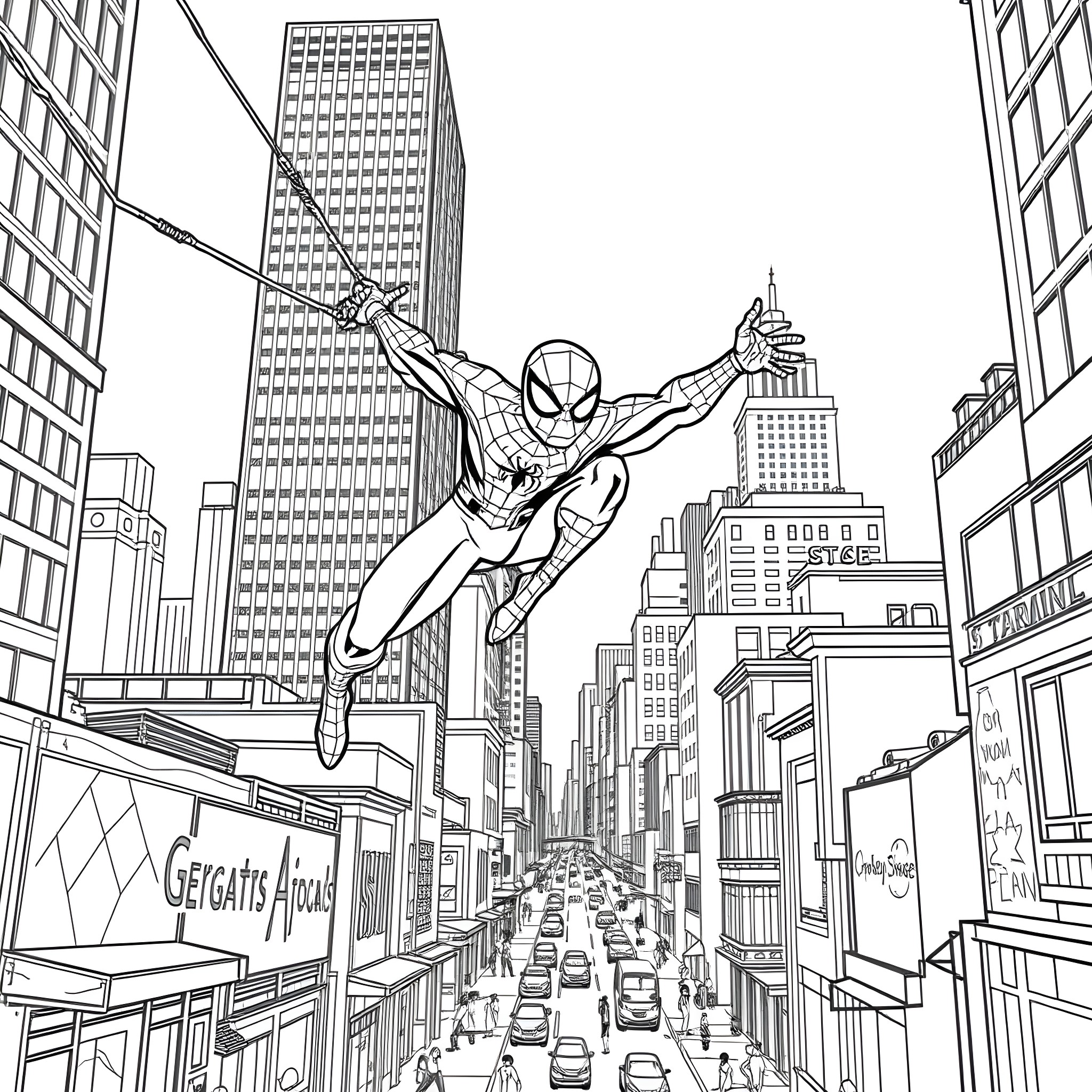 Spiderman swinging through the bustling city streets Coloring Page (free black-and-white line drawing printable PDF for all, from beginners to advanced learners, including children, teens, adults, and seniors)