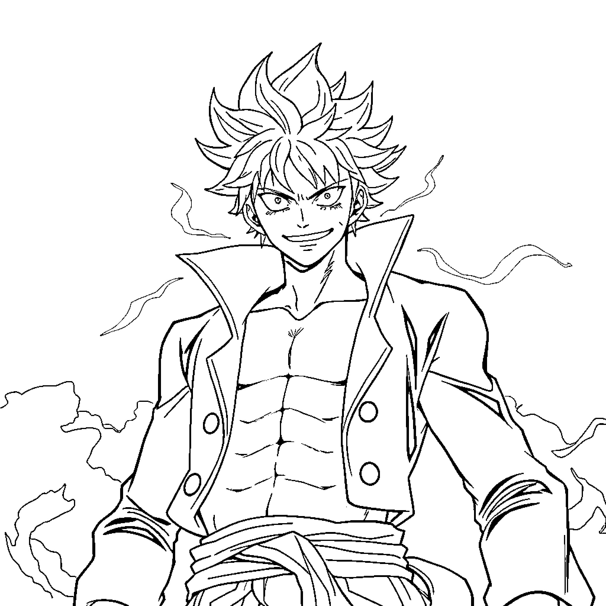 Luffy Unleashing His Fiery Determination Coloring Page (free black-and-white line drawing printable PDF for all, from beginners to advanced learners, including children, teens, adults, and seniors)