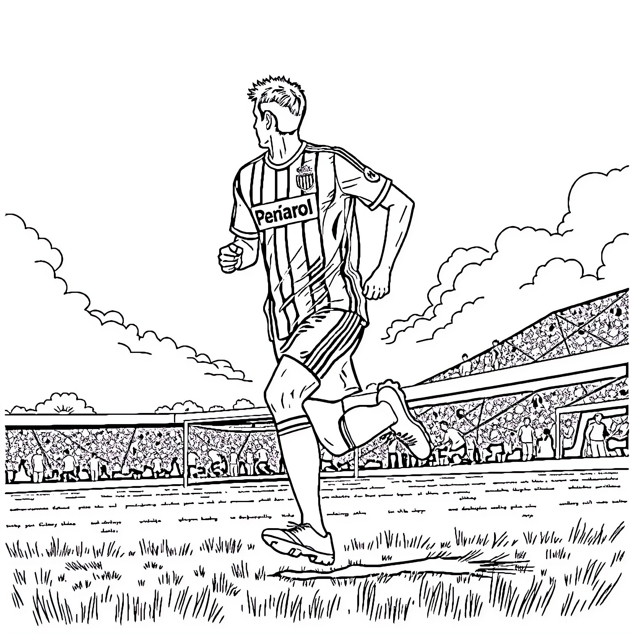 Peñarol Player Running on the Field Coloring Page (free black-and-white line drawing printable PDF for all, from beginners to advanced learners, including children, teens, adults, and seniors)