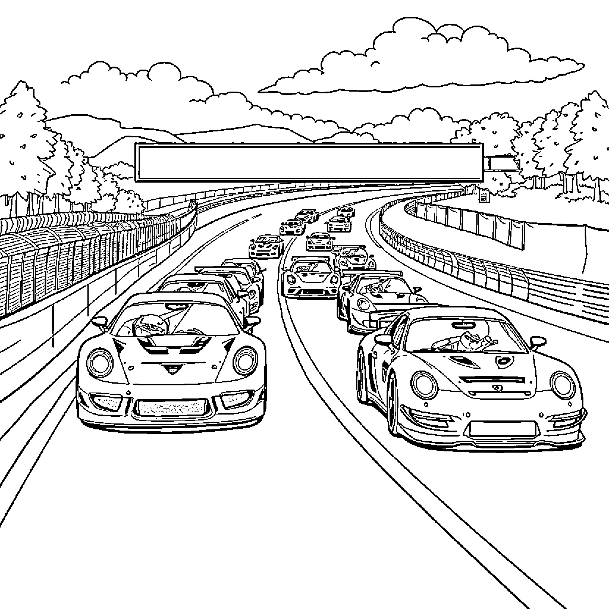 Car Racing on Winding Mountain Road Coloring Page (free black-and-white line drawing printable PDF for all, from beginners to advanced learners, including children, teens, adults, and seniors)
