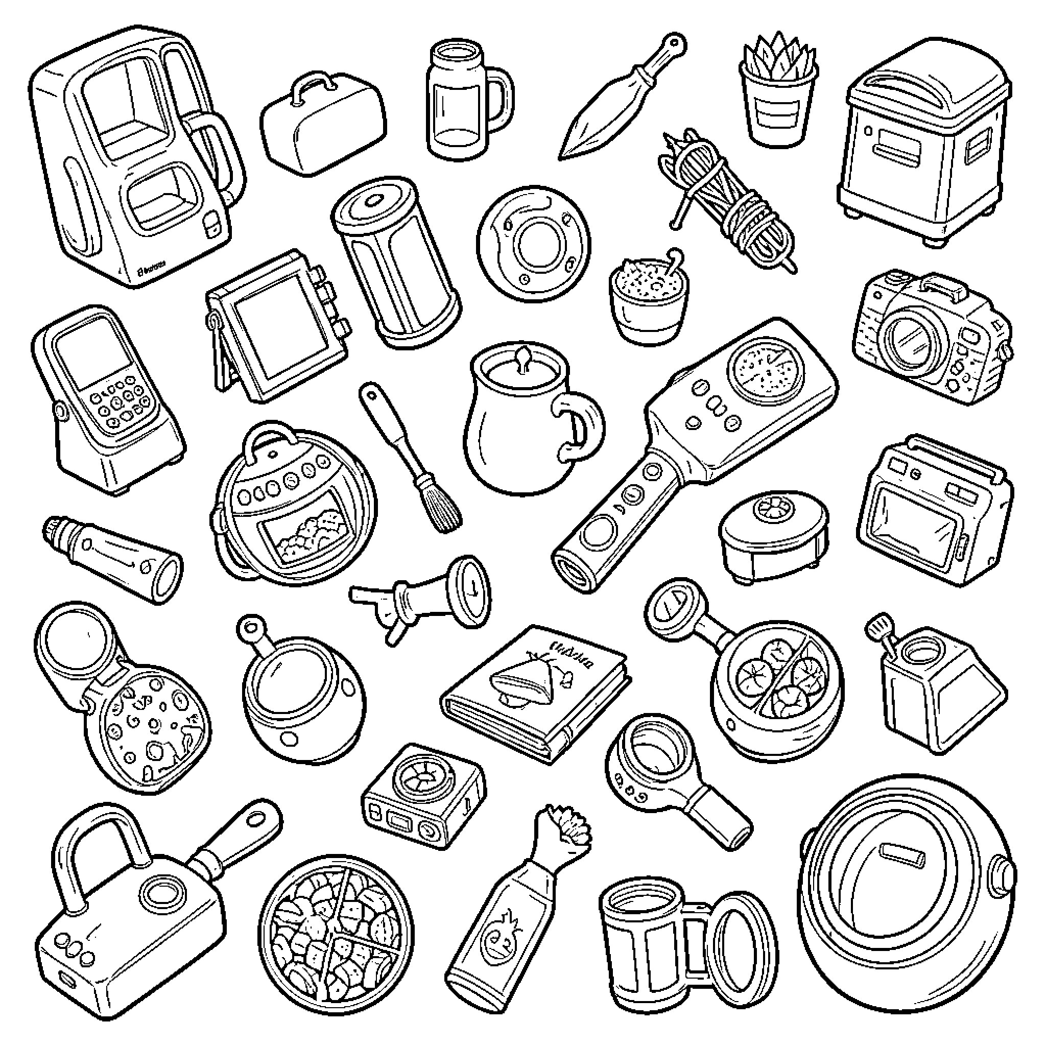 Random collection of various household items and kitchen tools Coloring Page (free black-and-white line drawing printable PDF for all, from beginners to advanced learners, including children, teens, adults, and seniors)
