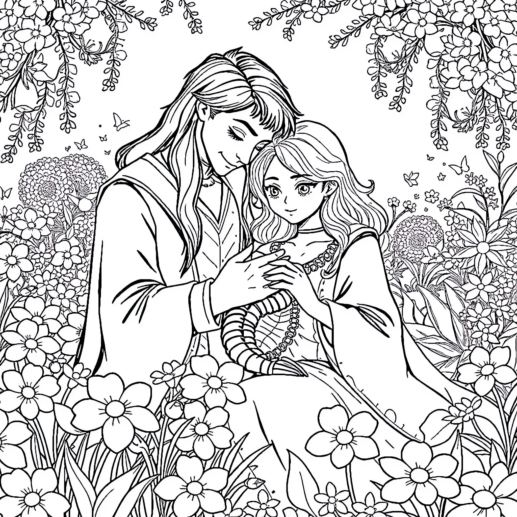Hermione and friend embrace in a flower-filled garden Coloring Page (free black-and-white line drawing printable PDF for all, from beginners to advanced learners, including children, teens, adults, and seniors)