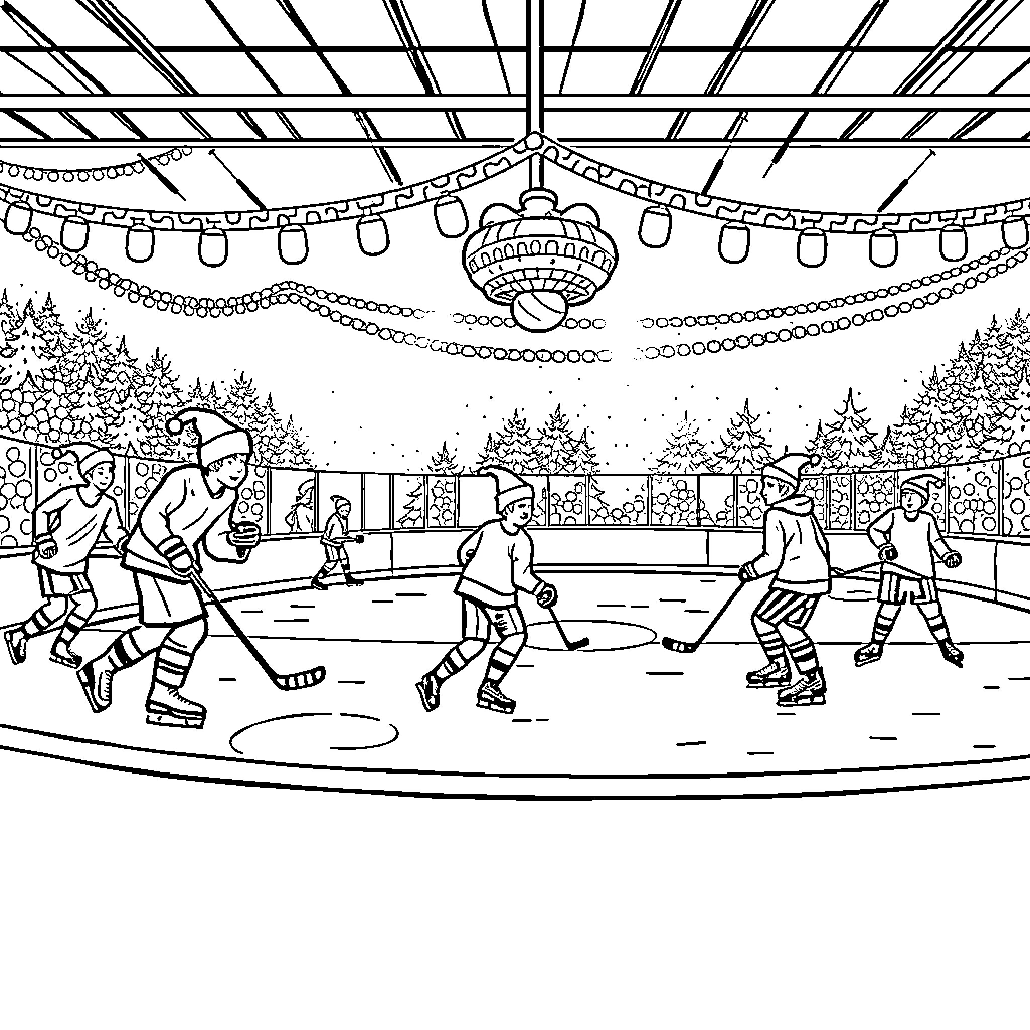 Hockey Players in a Winter Sports Arena Coloring Page (free black-and-white line drawing printable PDF for all, from beginners to advanced learners, including children, teens, adults, and seniors)