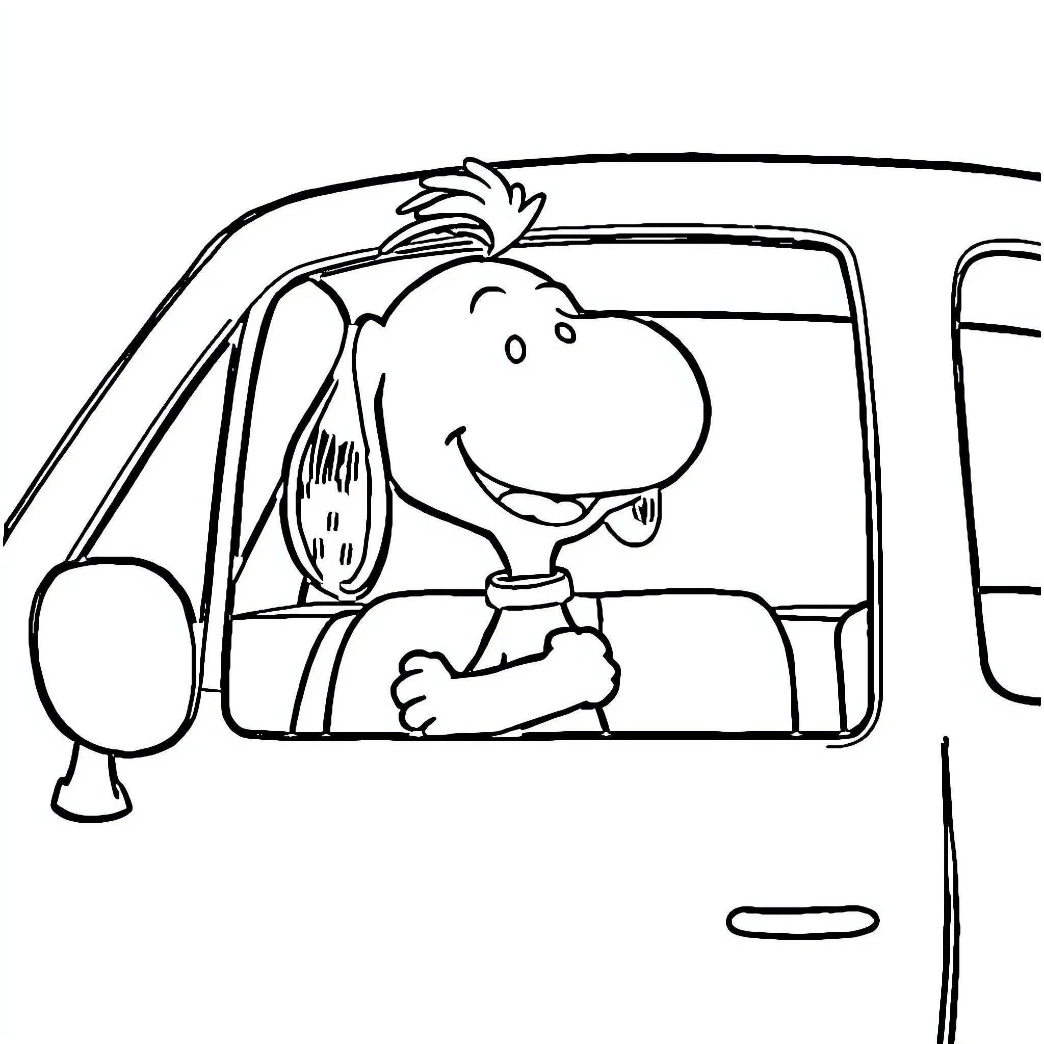 Snoopy enjoying a ride in his car Coloring Page (free black-and-white line drawing printable PDF for all, from beginners to advanced learners, including children, teens, adults, and seniors)