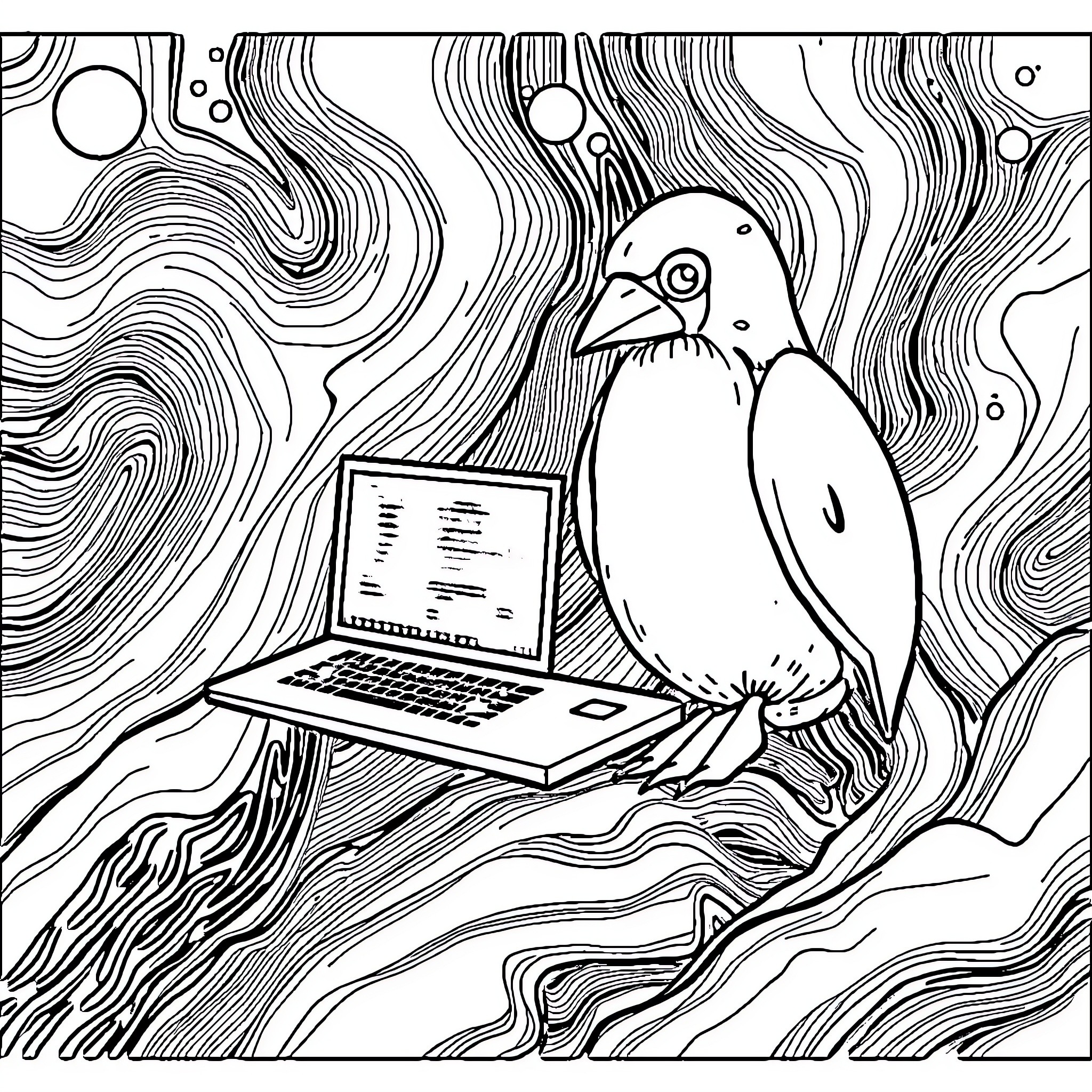 Cross-Wired Bird Working on a Laptop Coloring Page (free black-and-white line drawing printable PDF for all, from beginners to advanced learners, including children, teens, adults, and seniors)