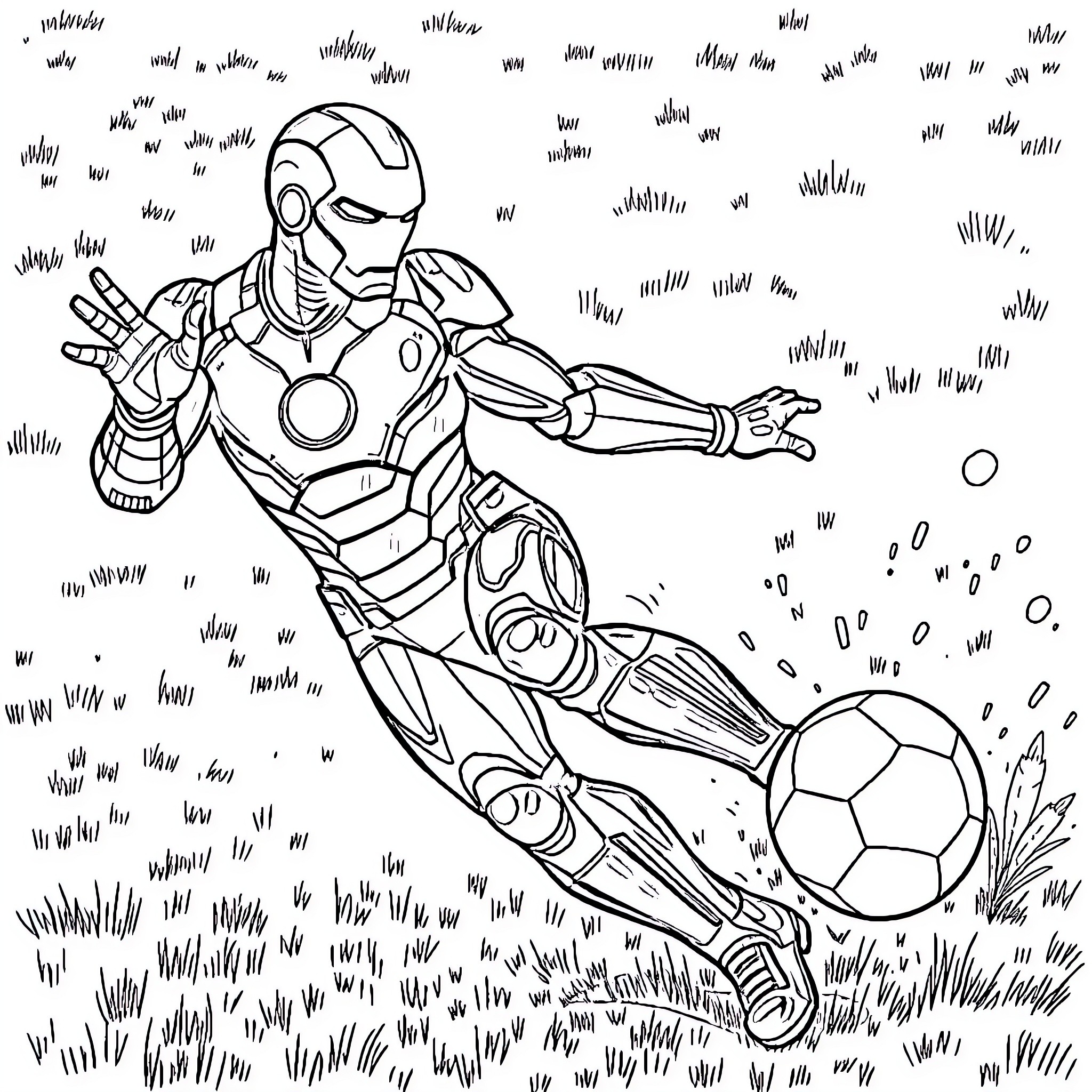 Iron Man kicking a soccer ball in an outdoor scene Coloring Page (free black-and-white line drawing printable PDF for all, from beginners to advanced learners, including children, teens, adults, and seniors)
