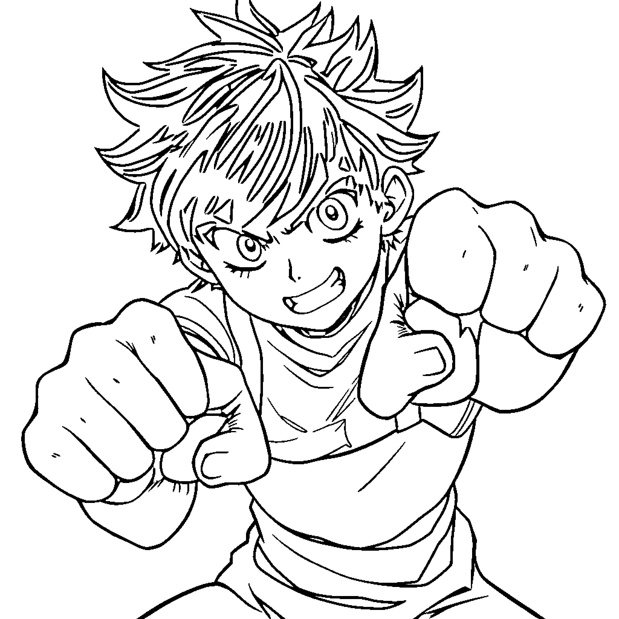 Izuku Midoriya Striking Heroic Pose Coloring Page (free black-and-white line drawing printable PDF for all, from beginners to advanced learners, including children, teens, adults, and seniors)