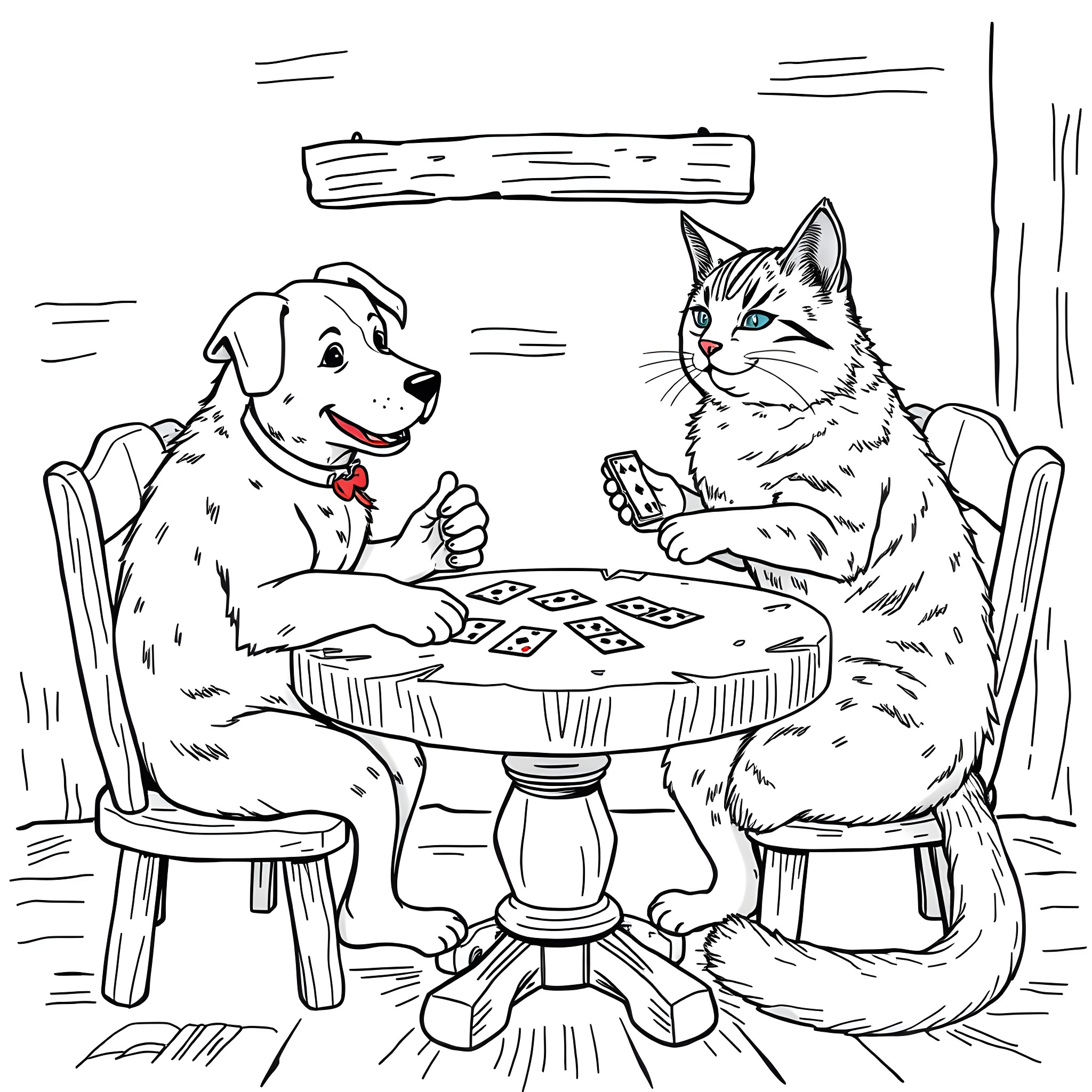 Dog and cat playing poker at a table Coloring Page (free black-and-white line drawing printable PDF for all, from beginners to advanced learners, including children, teens, adults, and seniors)
