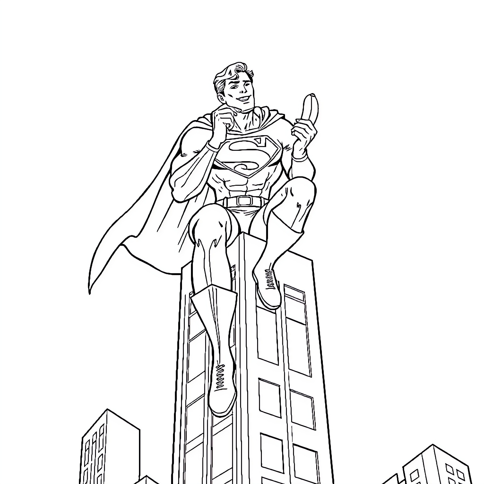 Superman standing heroically atop skyscrapers Coloring Page (free black-and-white line drawing printable PDF for all, from beginners to advanced learners, including children, teens, adults, and seniors)