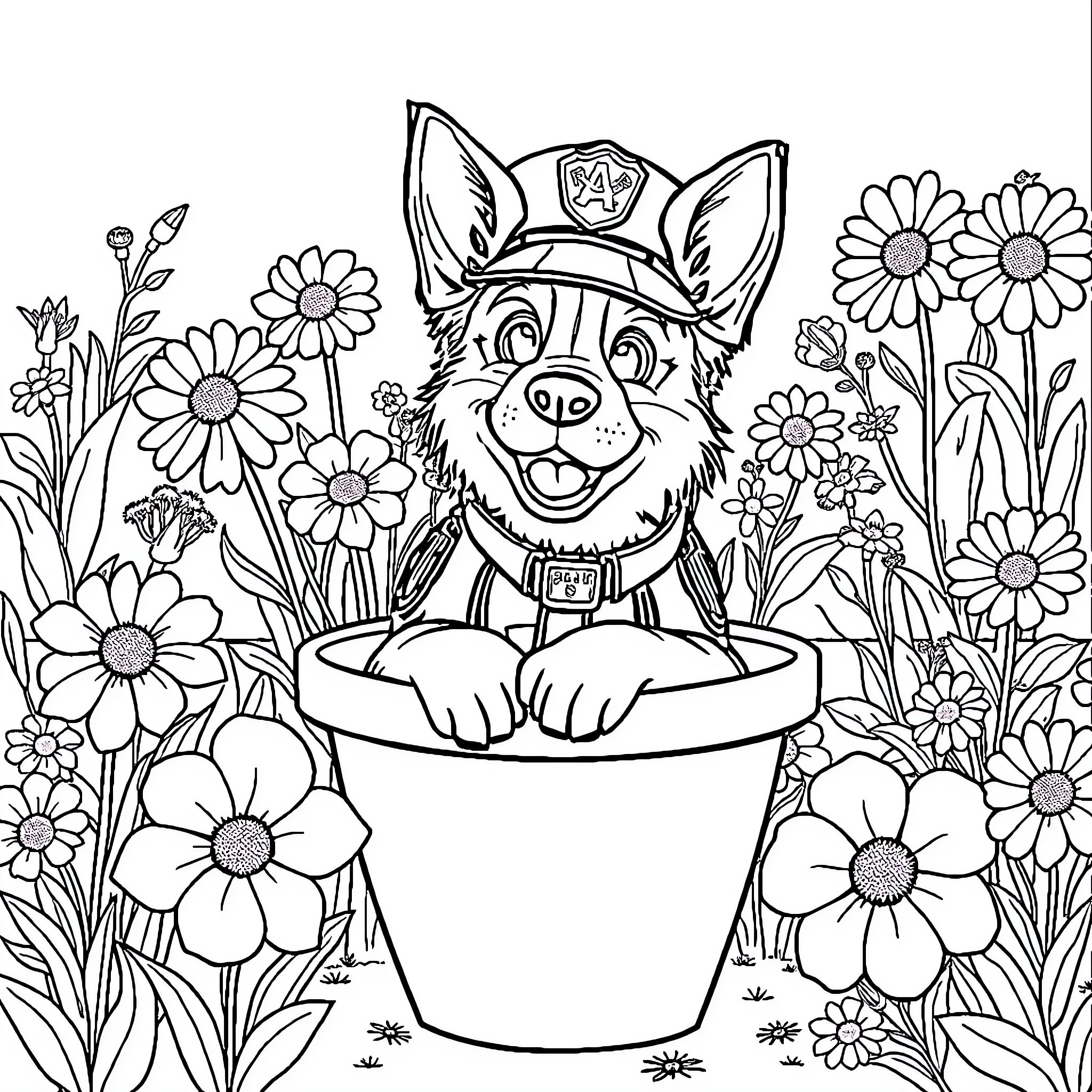 Police Dog Happily Resting in Flower Garden Coloring Page (free black-and-white line drawing printable PDF for all, from beginners to advanced learners, including children, teens, adults, and seniors)