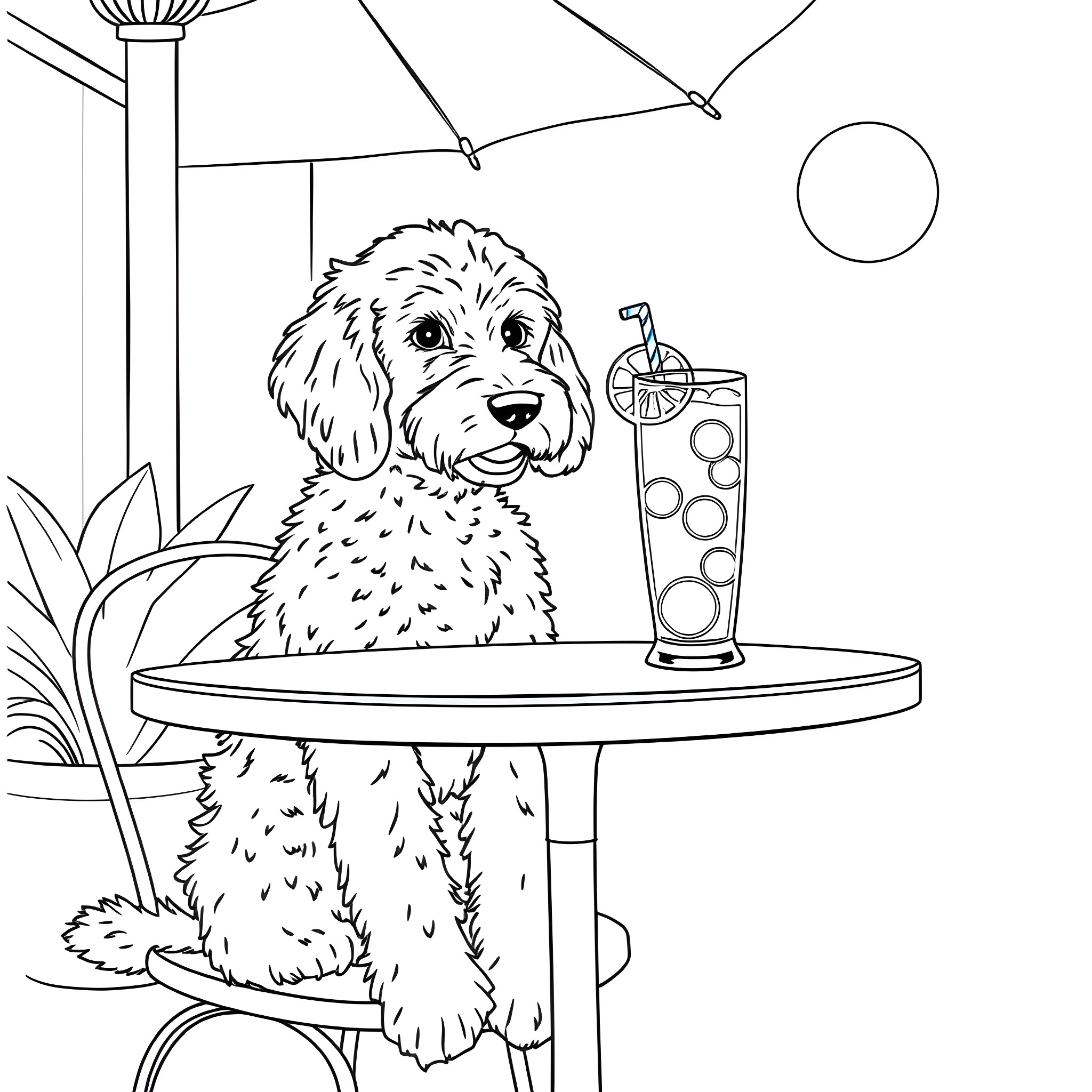 Doodle of a dog relaxing with a refreshing drink Coloring Page (free black-and-white line drawing printable PDF for all, from beginners to advanced learners, including children, teens, adults, and seniors)