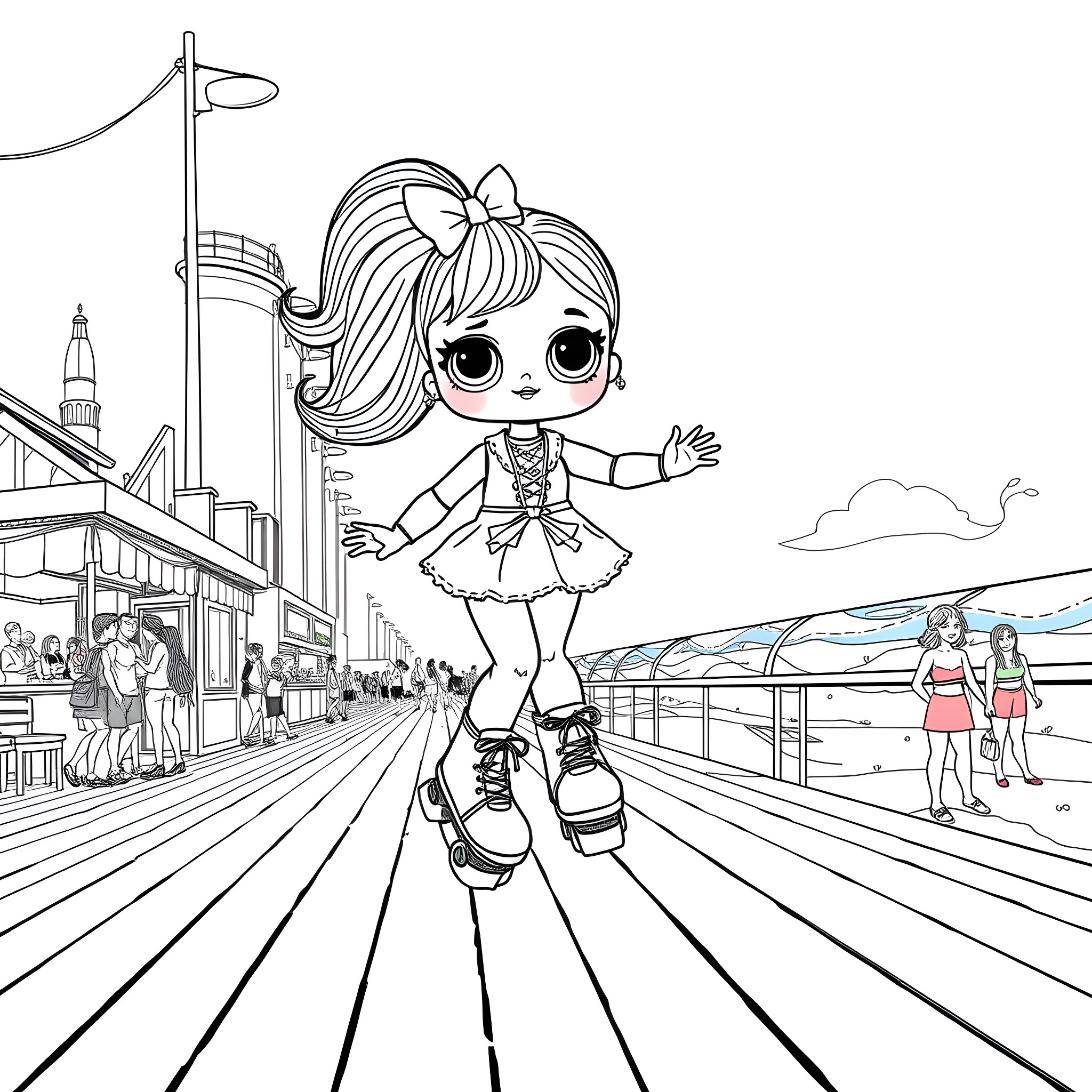 L.O.L Surprise Doll exploring the city streets Coloring Page (free black-and-white line drawing printable PDF for all, from beginners to advanced learners, including children, teens, adults, and seniors)