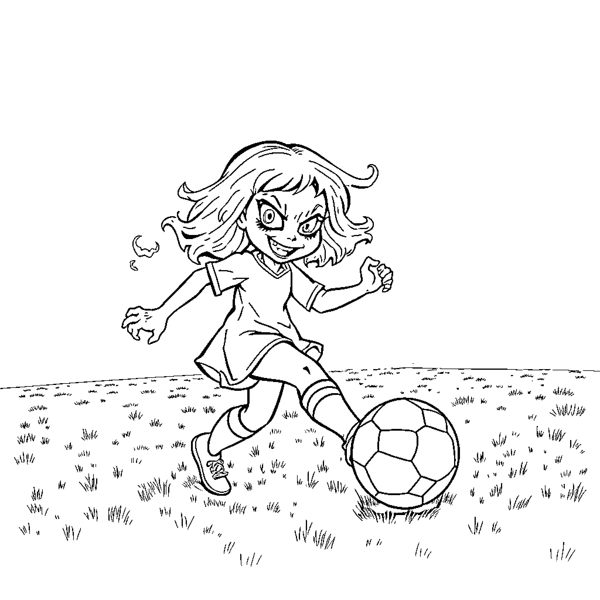 Angelica enthusiastically playing soccer in a grassy field Coloring Page (free black-and-white line drawing printable PDF for all, from beginners to advanced learners, including children, teens, adults, and seniors)