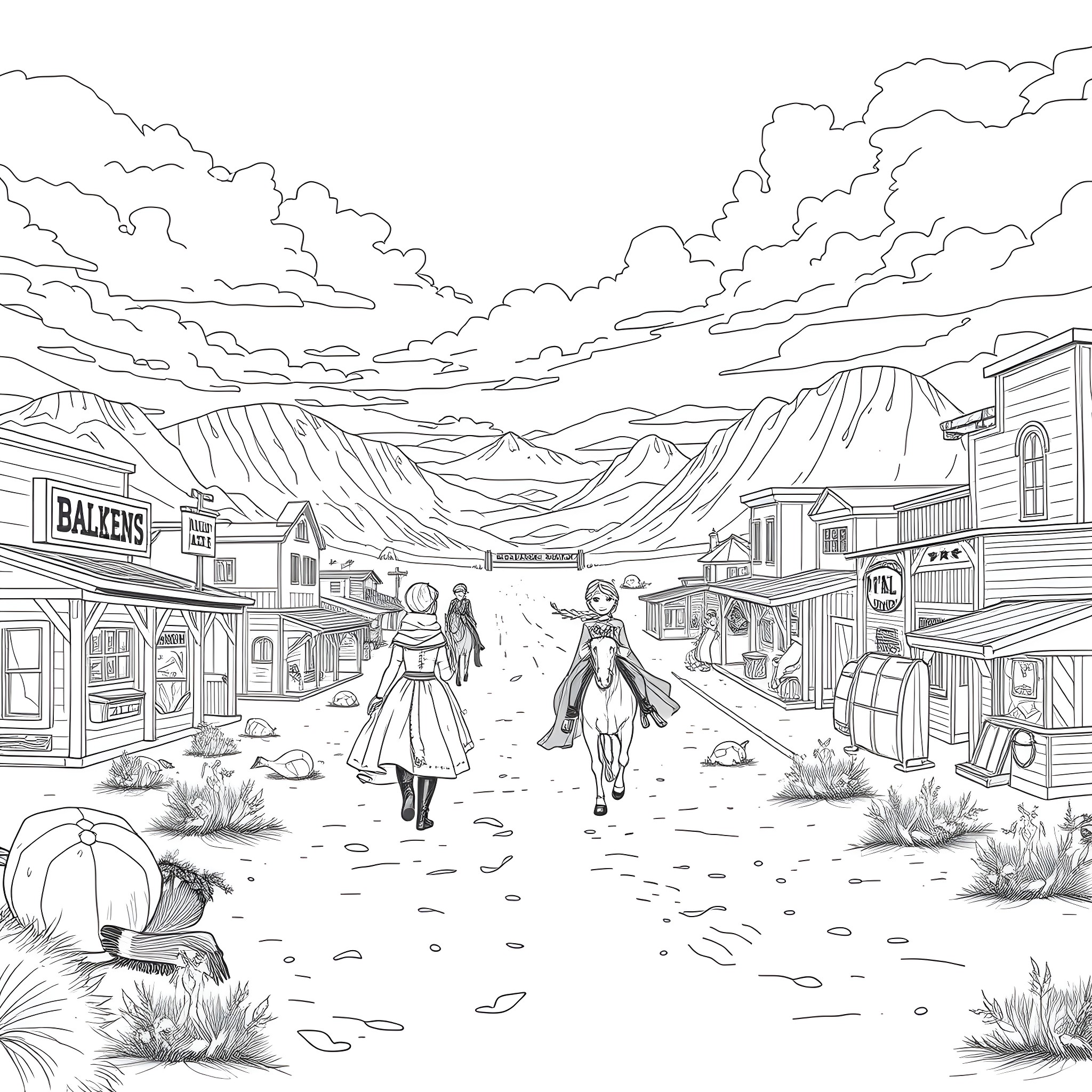 Elsa's Journey Through the Enchanting Western Town Coloring Page (free black-and-white line drawing printable PDF for all, from beginners to advanced learners, including children, teens, adults, and seniors)