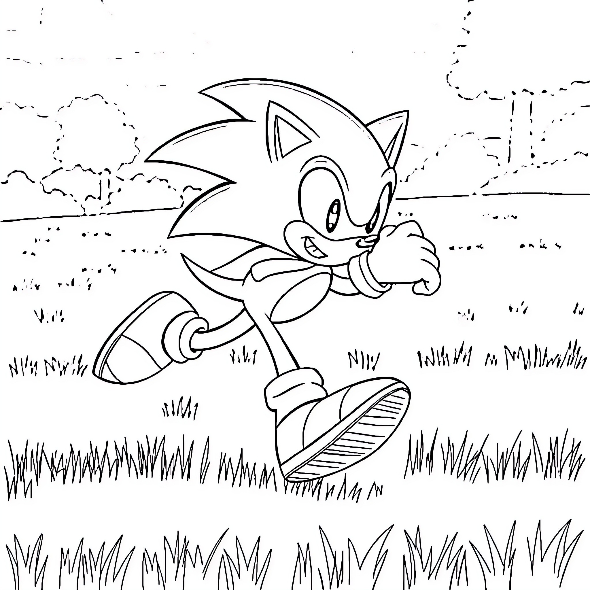 Sonic Dog running through the countryside Coloring Page (free black-and-white line drawing printable PDF for all, from beginners to advanced learners, including children, teens, adults, and seniors)
