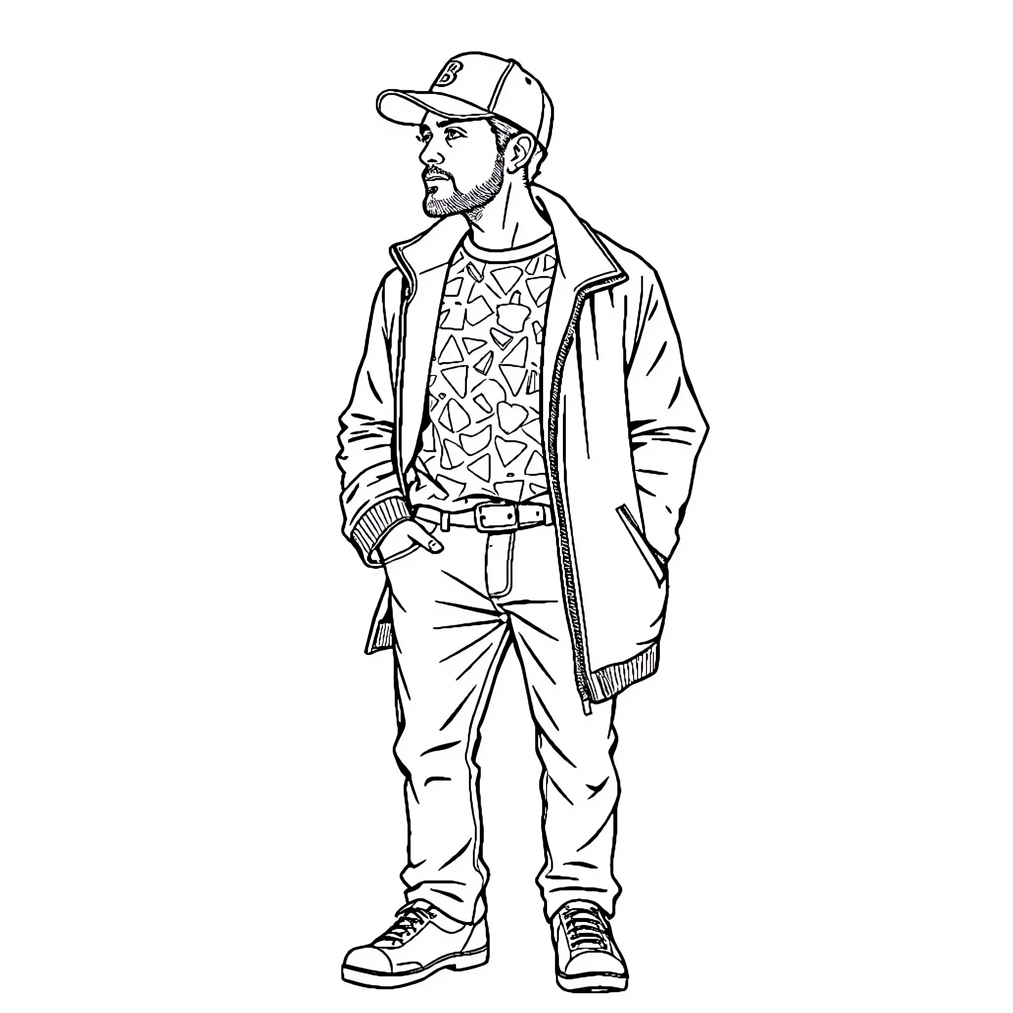 Man in Casual Attire and Cap Standing Thoughtfully Coloring Page (free black-and-white line drawing printable PDF for all, from beginners to advanced learners, including children, teens, adults, and seniors)