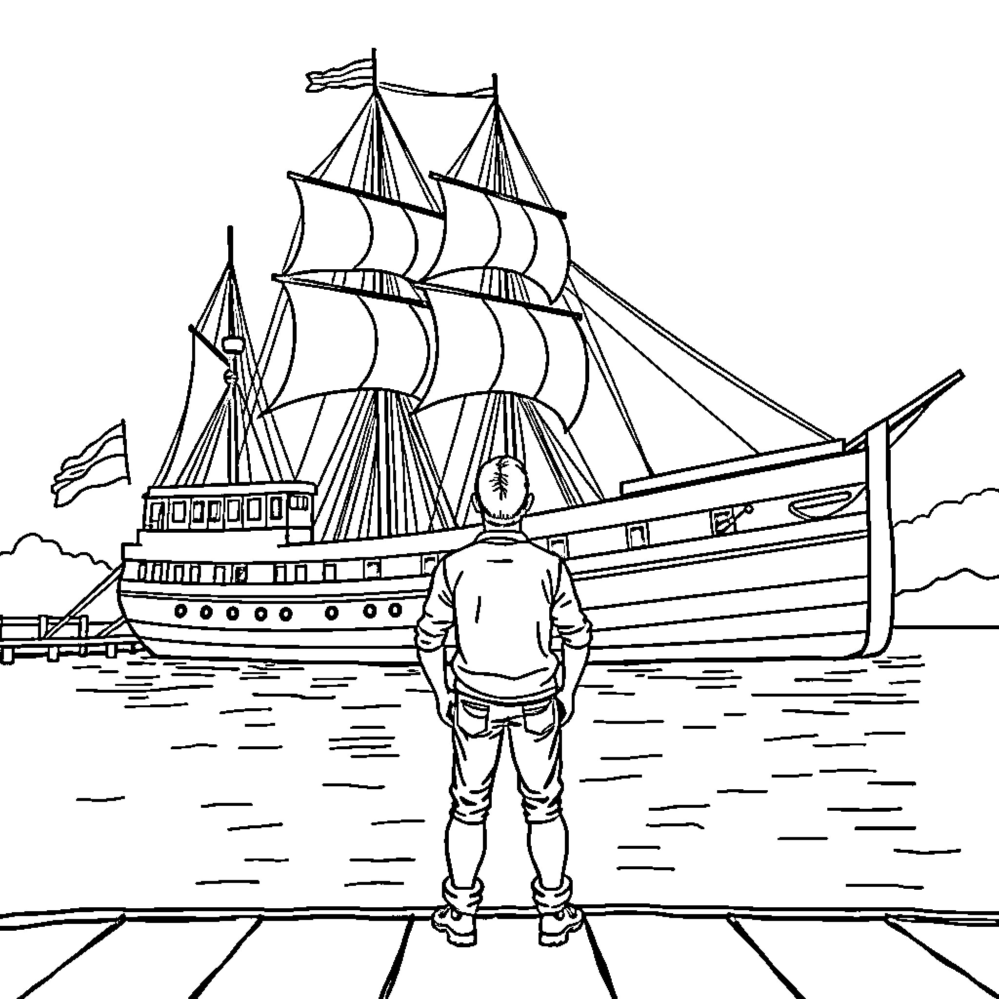 Guy standing in front of a sailing ship Coloring Page (free black-and-white line drawing printable PDF for all, from beginners to advanced learners, including children, teens, adults, and seniors)