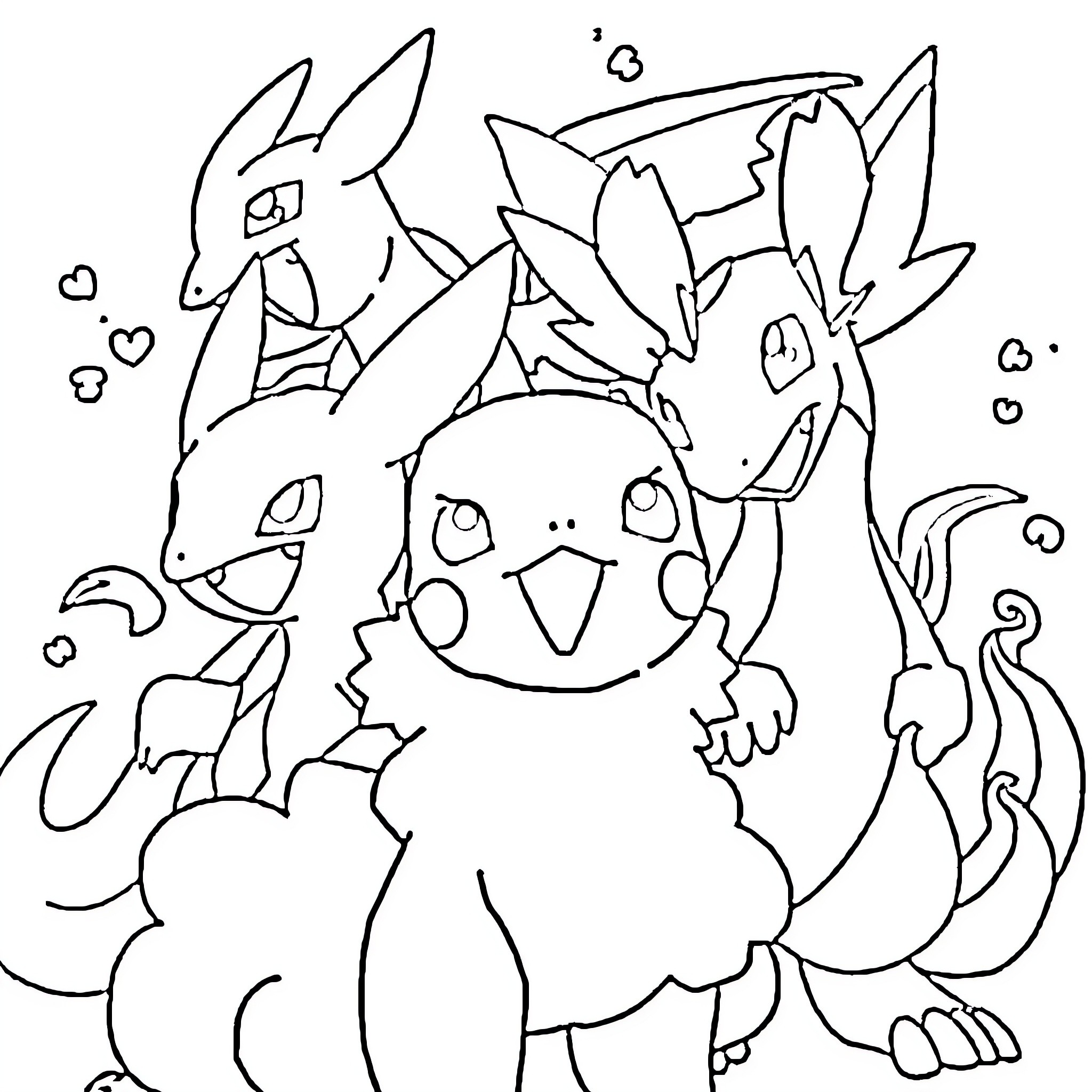 Pokémon characters engaging in playful activities Coloring Page (free black-and-white line drawing printable PDF for all, from beginners to advanced learners, including children, teens, adults, and seniors)