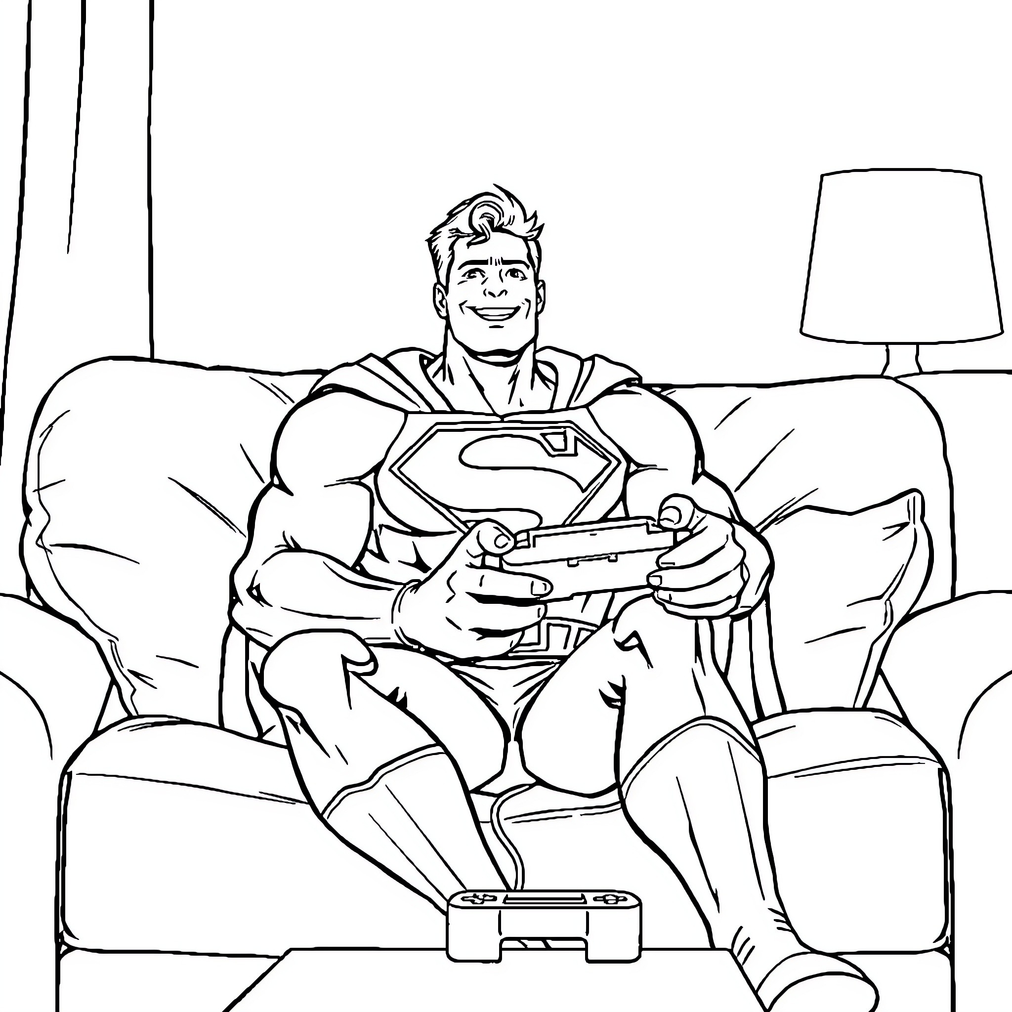 Superman relaxing on the couch with video games Coloring Page (free black-and-white line drawing printable PDF for all, from beginners to advanced learners, including children, teens, adults, and seniors)