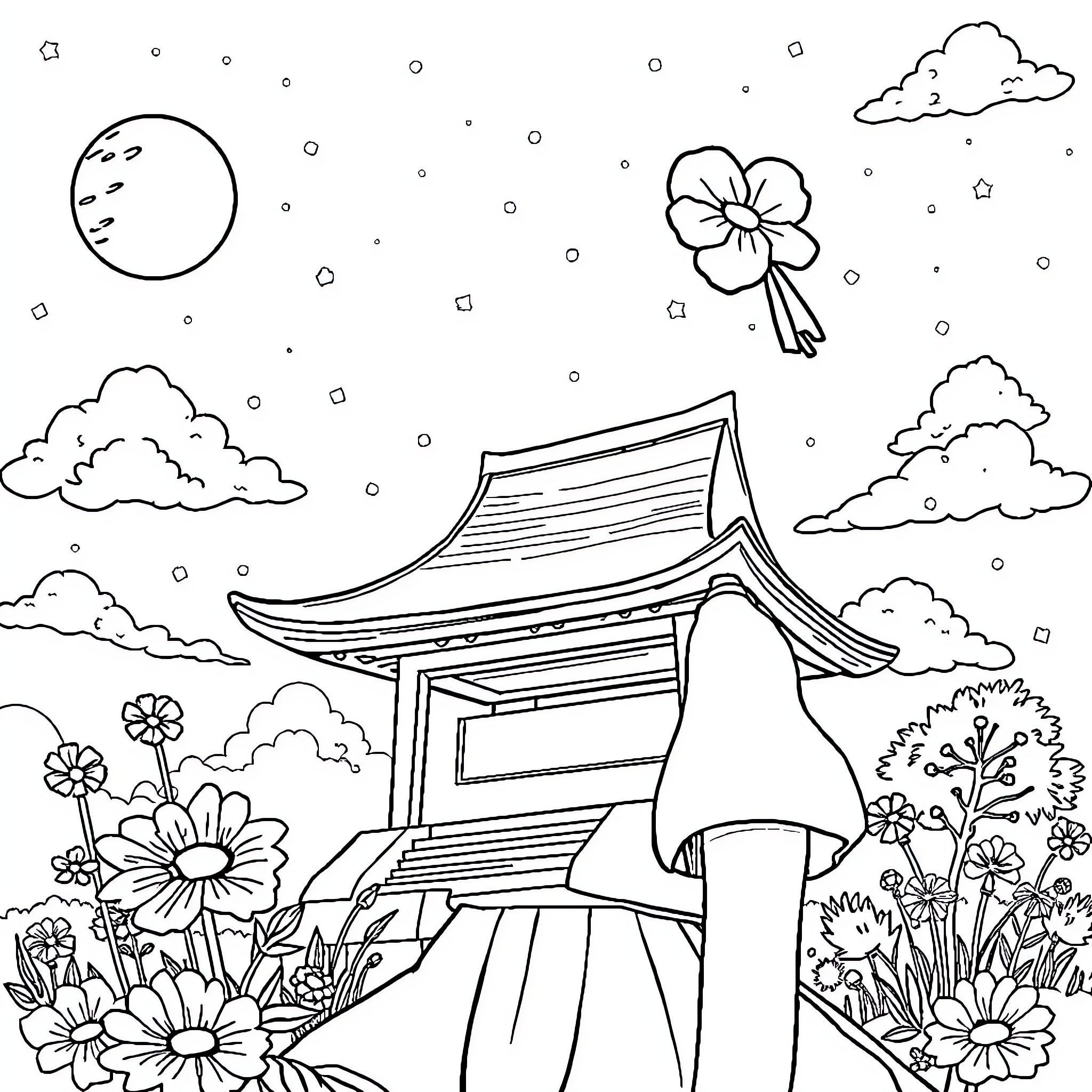 Anyme Serene Night at Japanese Temple Garden Coloring Page (free black-and-white line drawing printable PDF for all, from beginners to advanced learners, including children, teens, adults, and seniors)