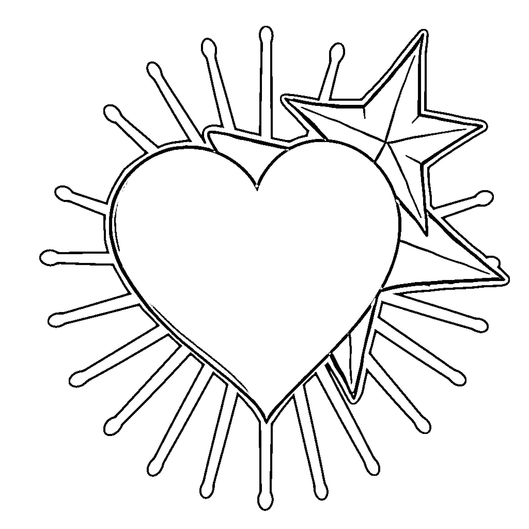 Heart Surrounded by Shining Stars Coloring Page (free black-and-white line drawing printable PDF for all, from beginners to advanced learners, including children, teens, adults, and seniors)