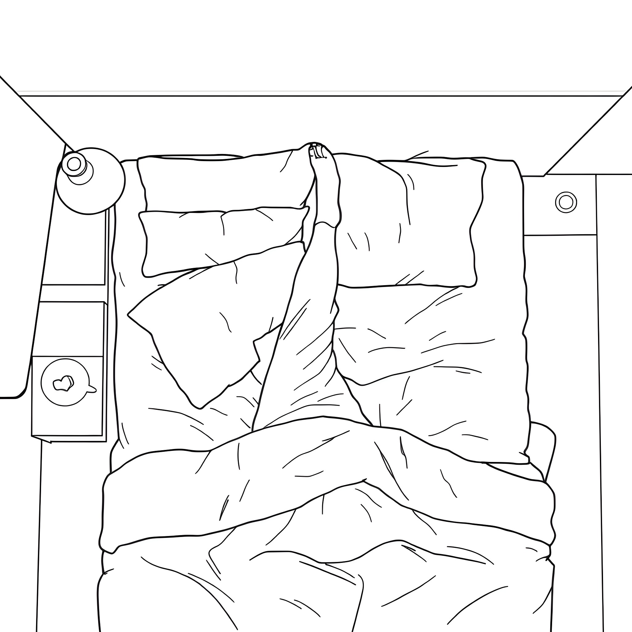 Person resting in an unmade bed Coloring Page (free black-and-white line drawing printable PDF for all, from beginners to advanced learners, including children, teens, adults, and seniors)