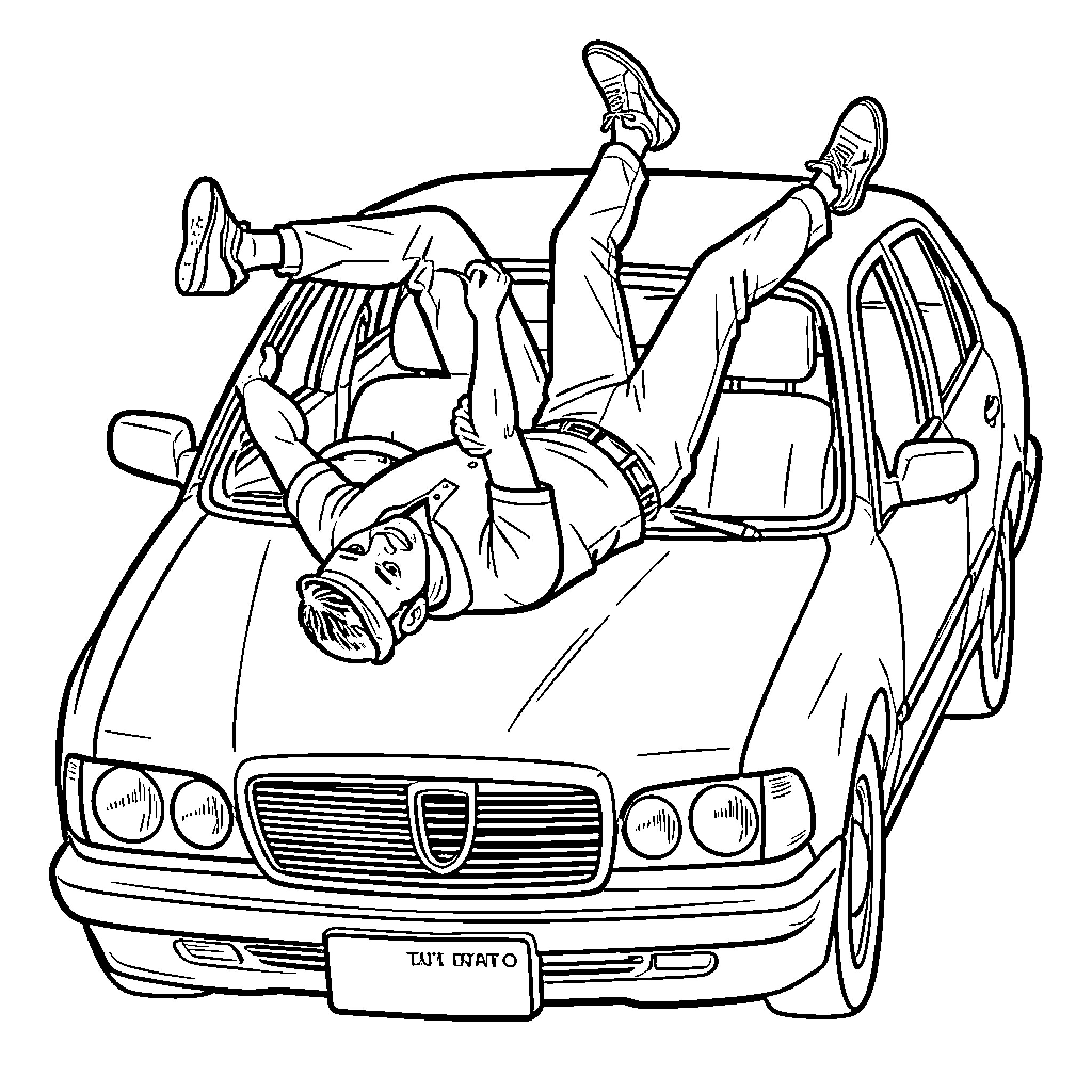 Tiger flipping over a car in action Coloring Page (free black-and-white line drawing printable PDF for all, from beginners to advanced learners, including children, teens, adults, and seniors)