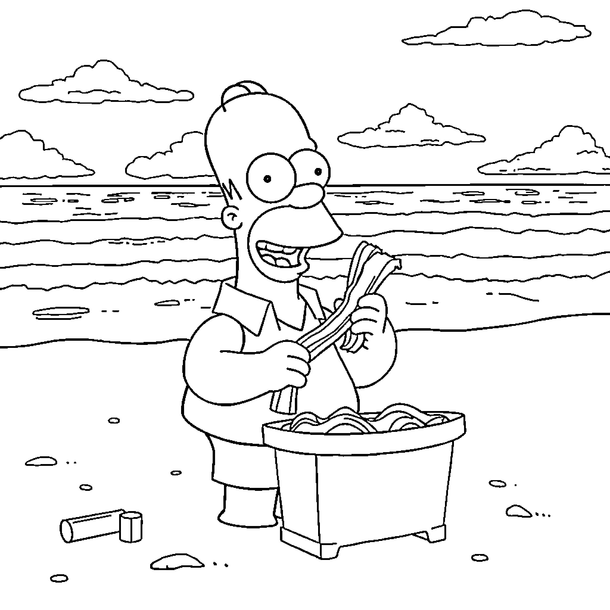 Homer Simpson fishing happily by the seaside Coloring Page (free black-and-white line drawing printable PDF for all, from beginners to advanced learners, including children, teens, adults, and seniors)