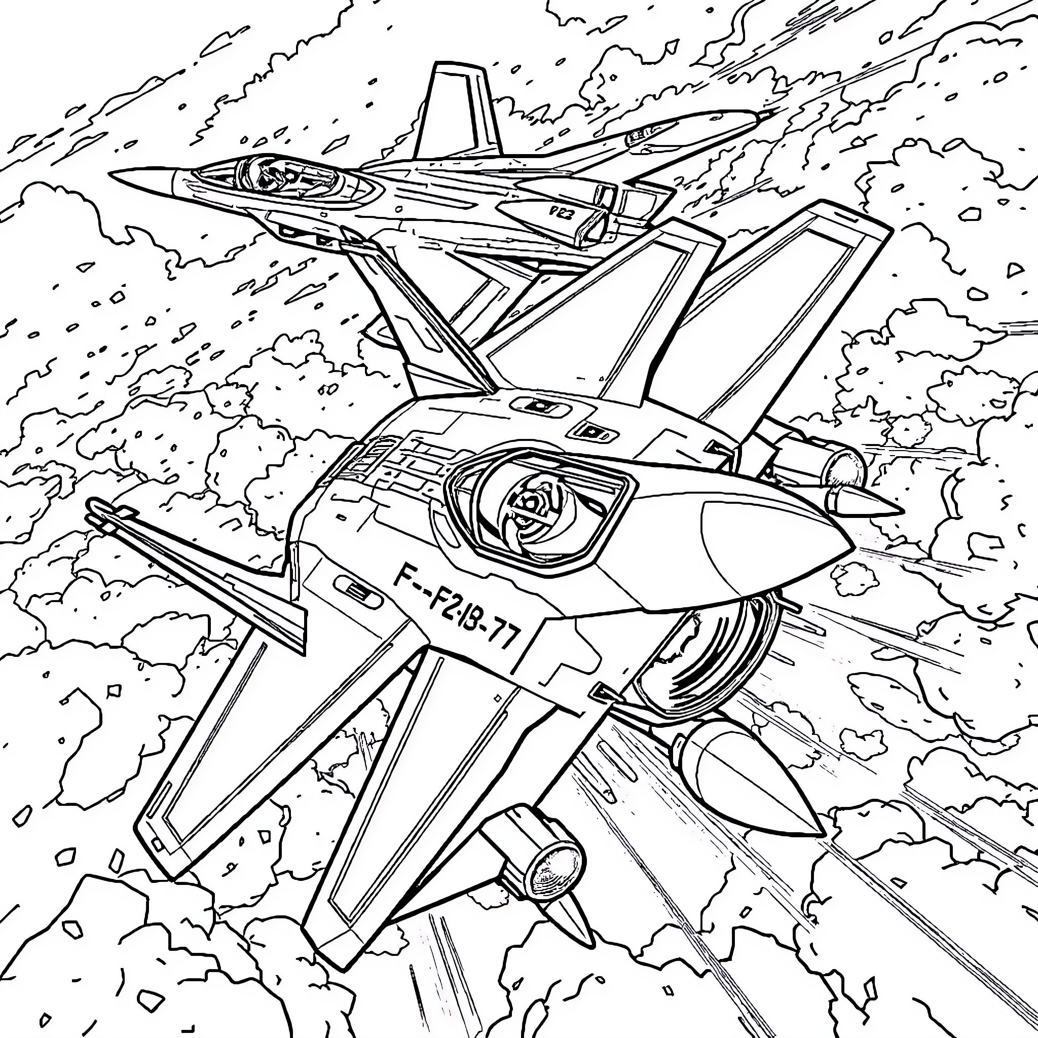 Fighter Jet soaring through the skies in action Coloring Page (free black-and-white line drawing printable PDF for all, from beginners to advanced learners, including children, teens, adults, and seniors)