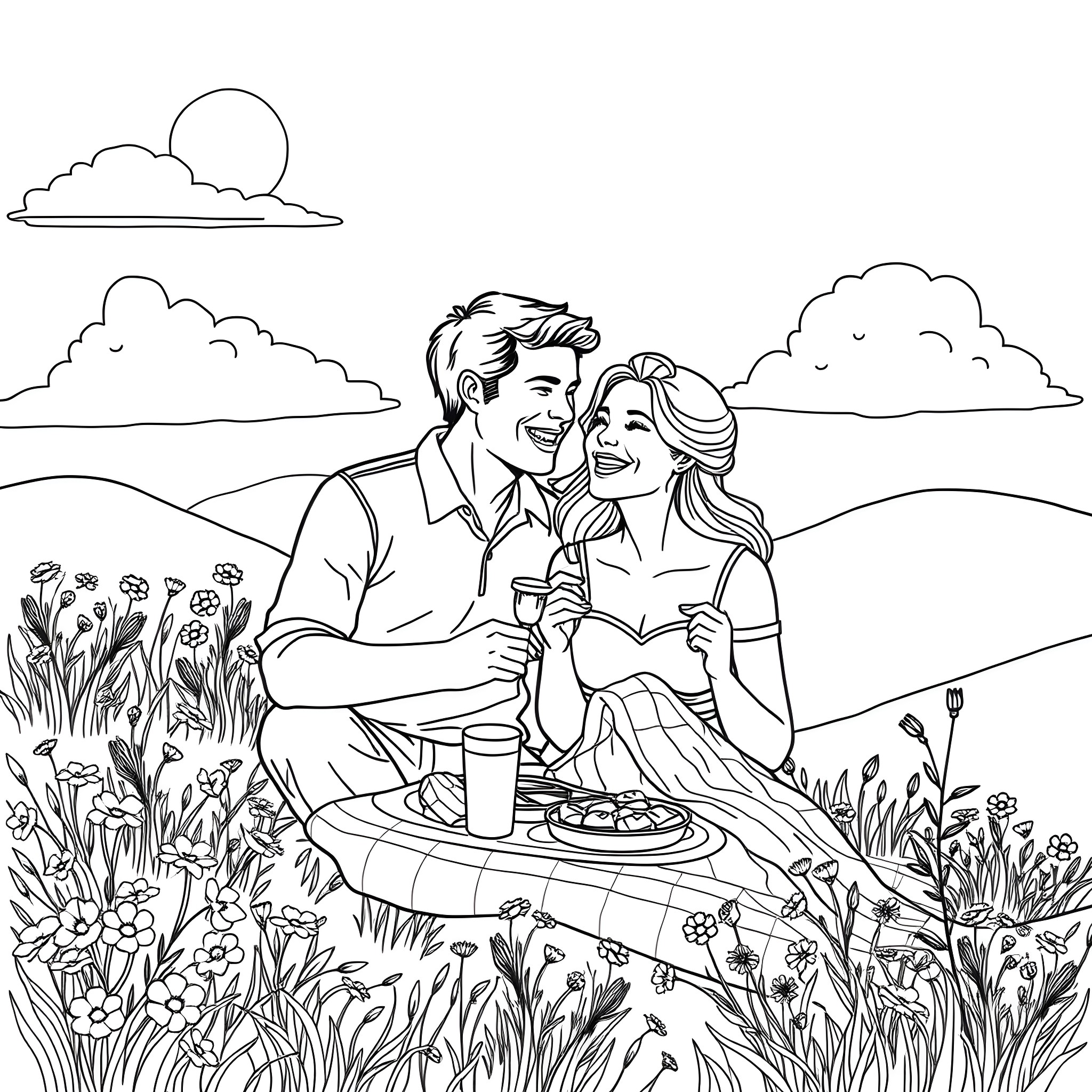 Couple enjoying a picnic in the countryside Coloring Page (free black-and-white line drawing printable PDF for all, from beginners to advanced learners, including children, teens, adults, and seniors)