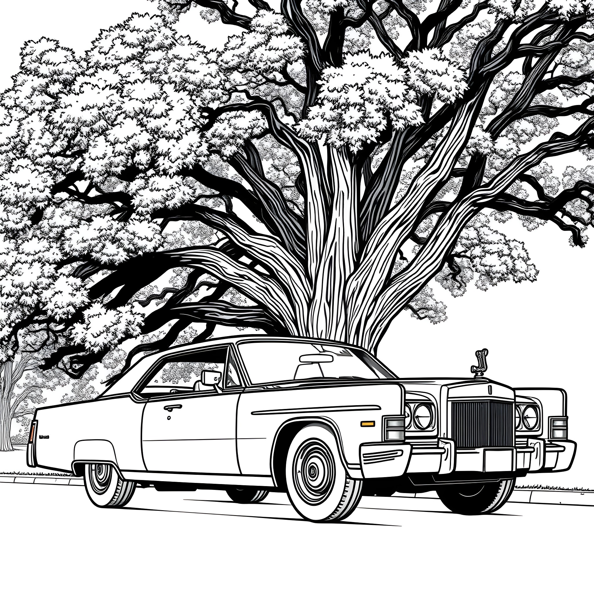 Lincoln's Classic Car Under Blooming Trees Coloring Page (free black-and-white line drawing printable PDF for all, from beginners to advanced learners, including children, teens, adults, and seniors)
