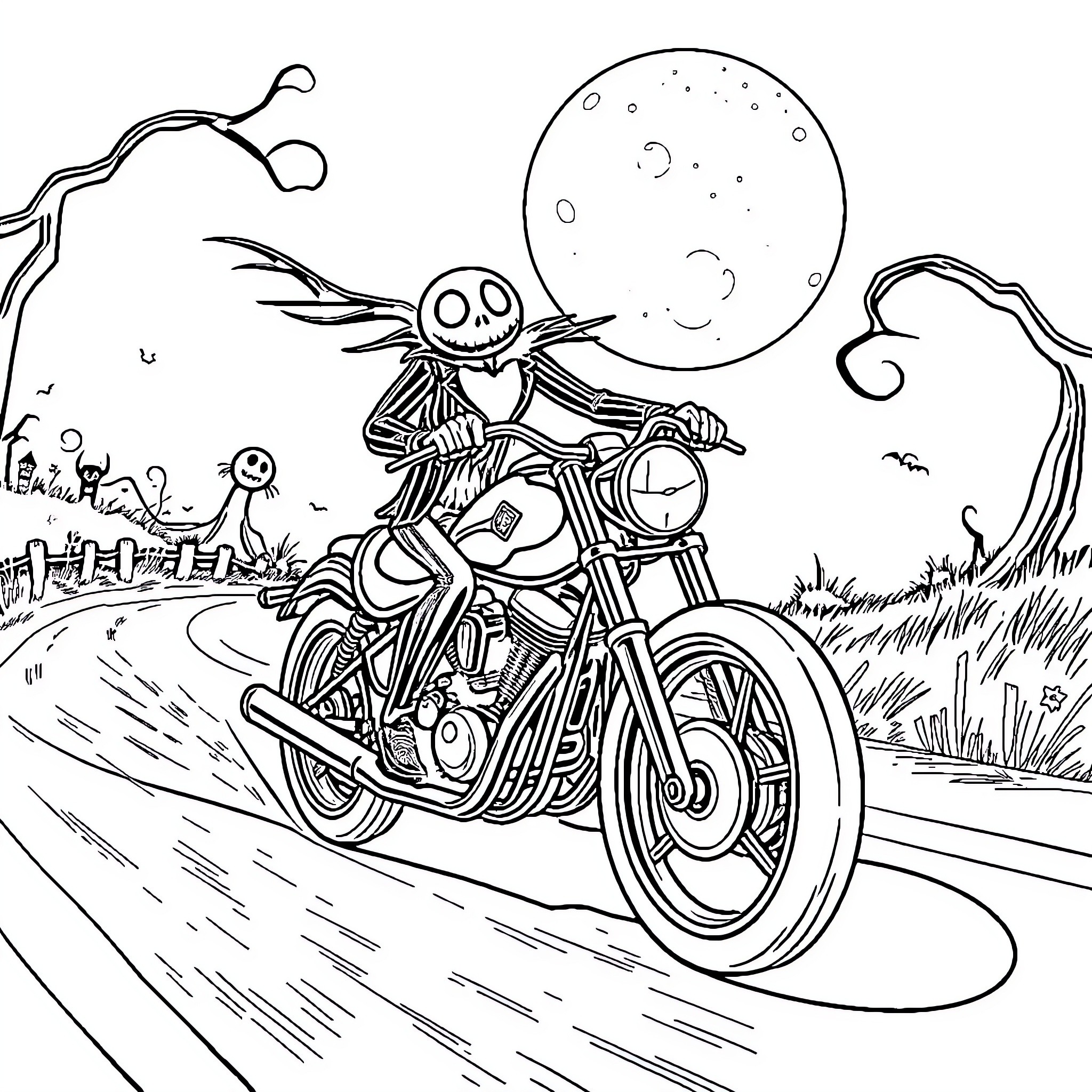 Jack Skellington riding a motorcycle under the moonlight Coloring Page (free black-and-white line drawing printable PDF for all, from beginners to advanced learners, including children, teens, adults, and seniors)