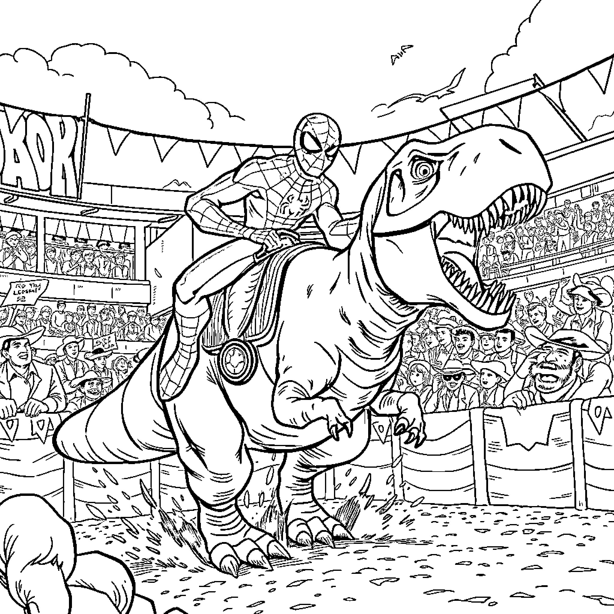 Spiderman riding a fierce dinosaur in a circus arena Coloring Page (free black-and-white line drawing printable PDF for all, from beginners to advanced learners, including children, teens, adults, and seniors)