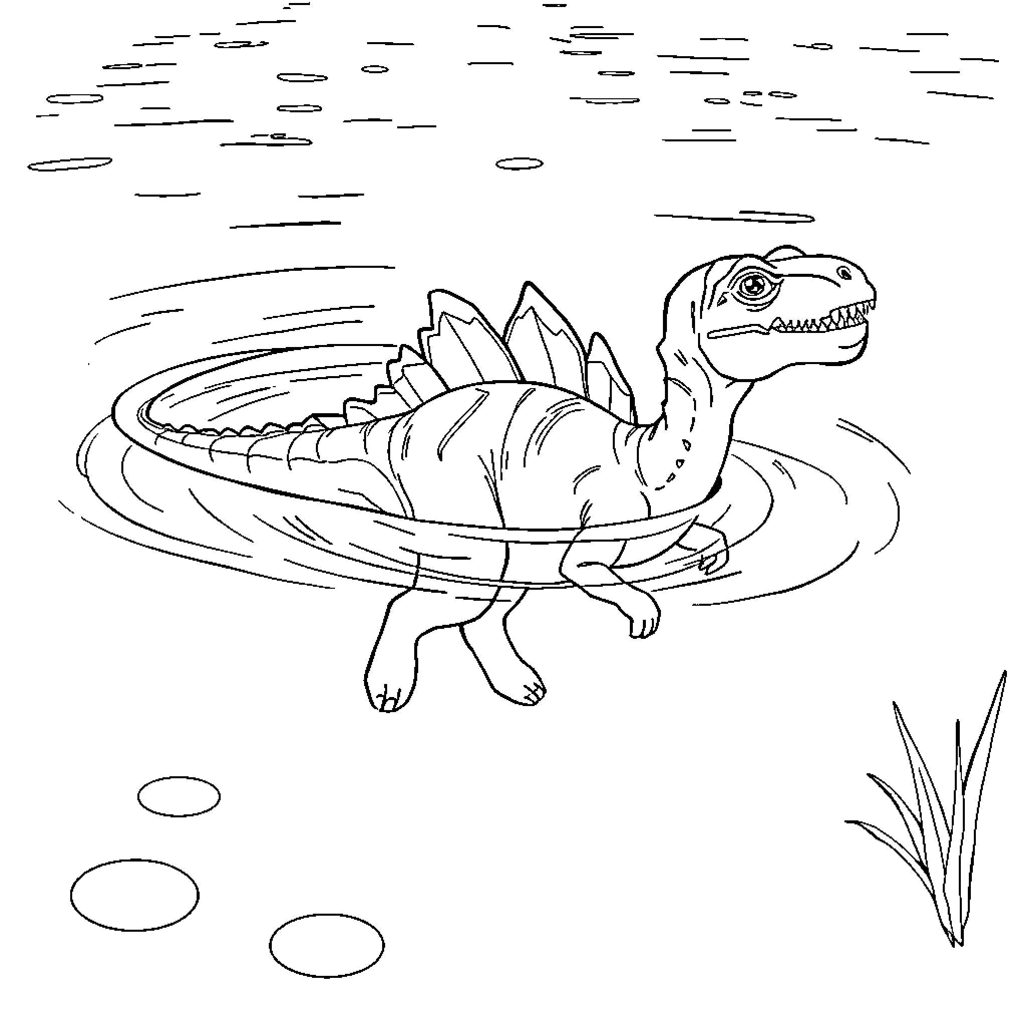 Dinosaur swimming happily in the water Coloring Page (free black-and-white line drawing printable PDF for all, from beginners to advanced learners, including children, teens, adults, and seniors)
